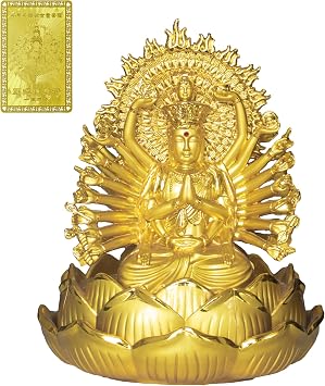 Consecrated Thousand-Hand Guan Yin Statue & Gold Leaf Talisman Card Set Inspired by Hunan Miyin Temple Blessed Buddhist Decor & Portable Amulet for Peace, Protection & Good Fortune