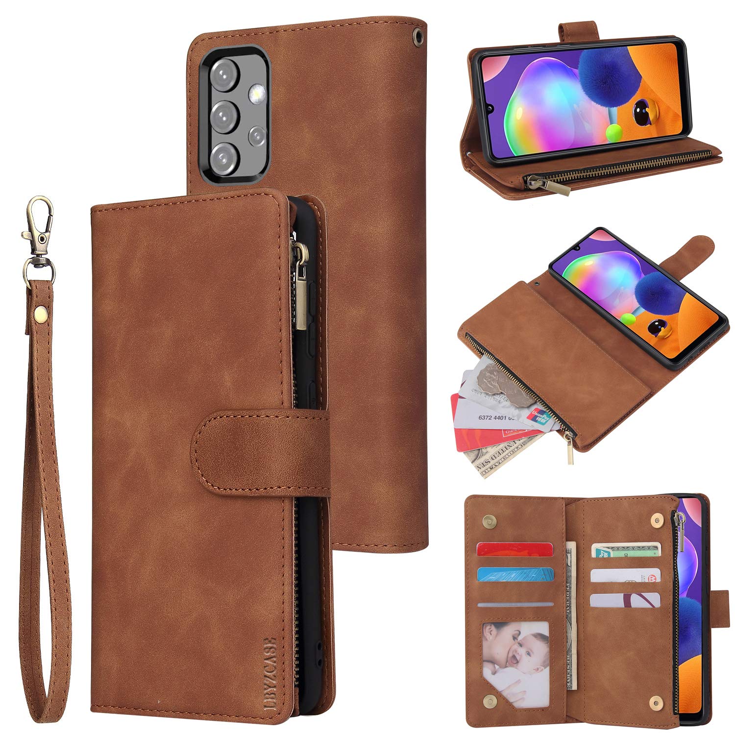 LBYZCASEPhone Case for Galaxy A32 5G,Samsung A32 5G Wallet Case,Folio Flip Leather Cover[Zipper Pocket][Wrist Strap][Kickstand ][Magnetic Closure] for Samsung Galaxy A32 5G (Brown)