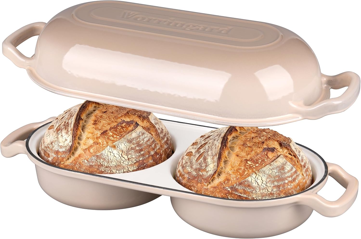 VORRINGARD Enameled Cast Iron Double Dutch Oven with Lid, Dual Round Loaf Pan, Bread pan for Homemade Sourdough Bread Baking, Latte