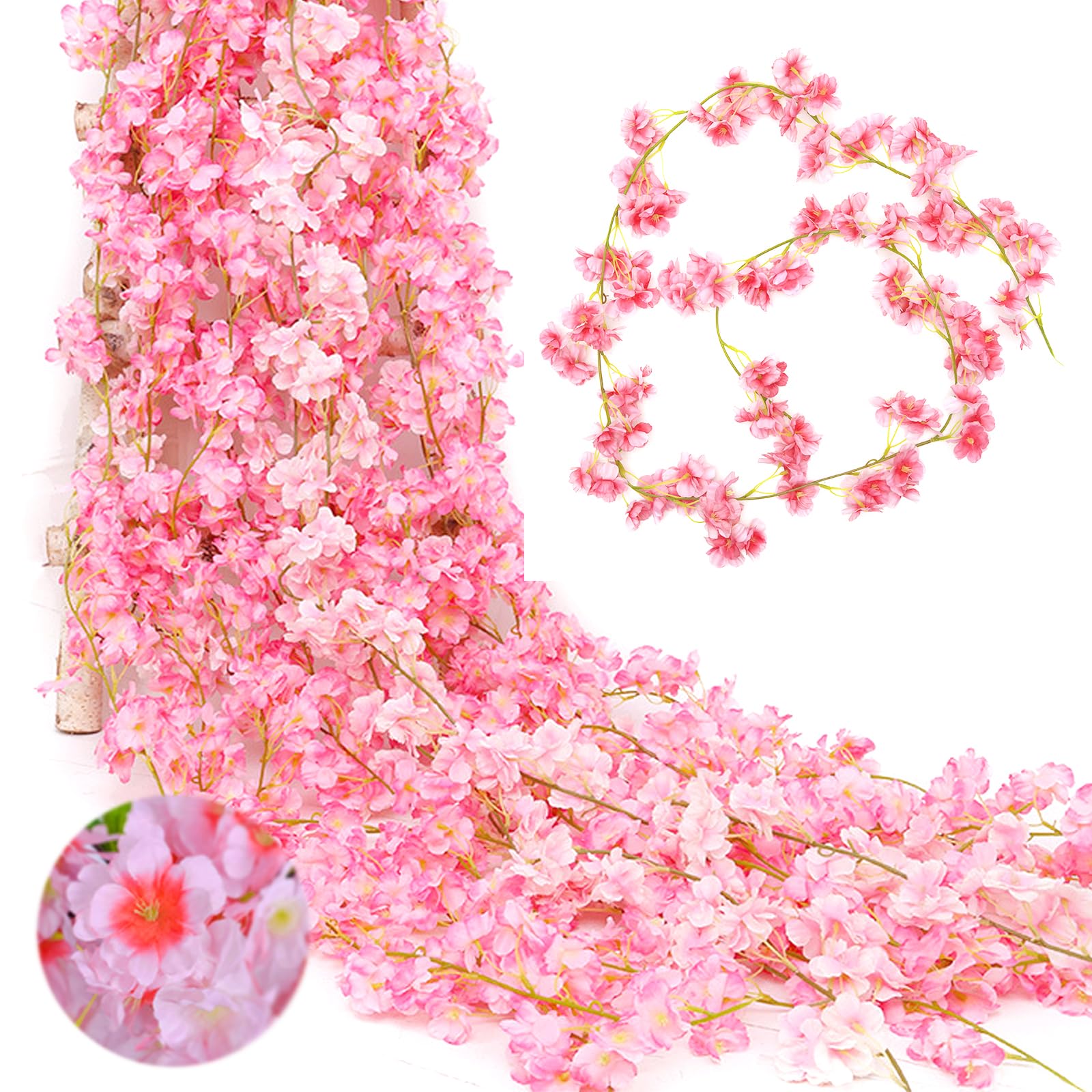 3PCS Artificial Silk Cherry Blossom Garland Vines Hanging Vine Garland Artificial Flowers for Outdoor Indoor Wedding Wall Badroom Decoration, 180cm (Dark Pink)