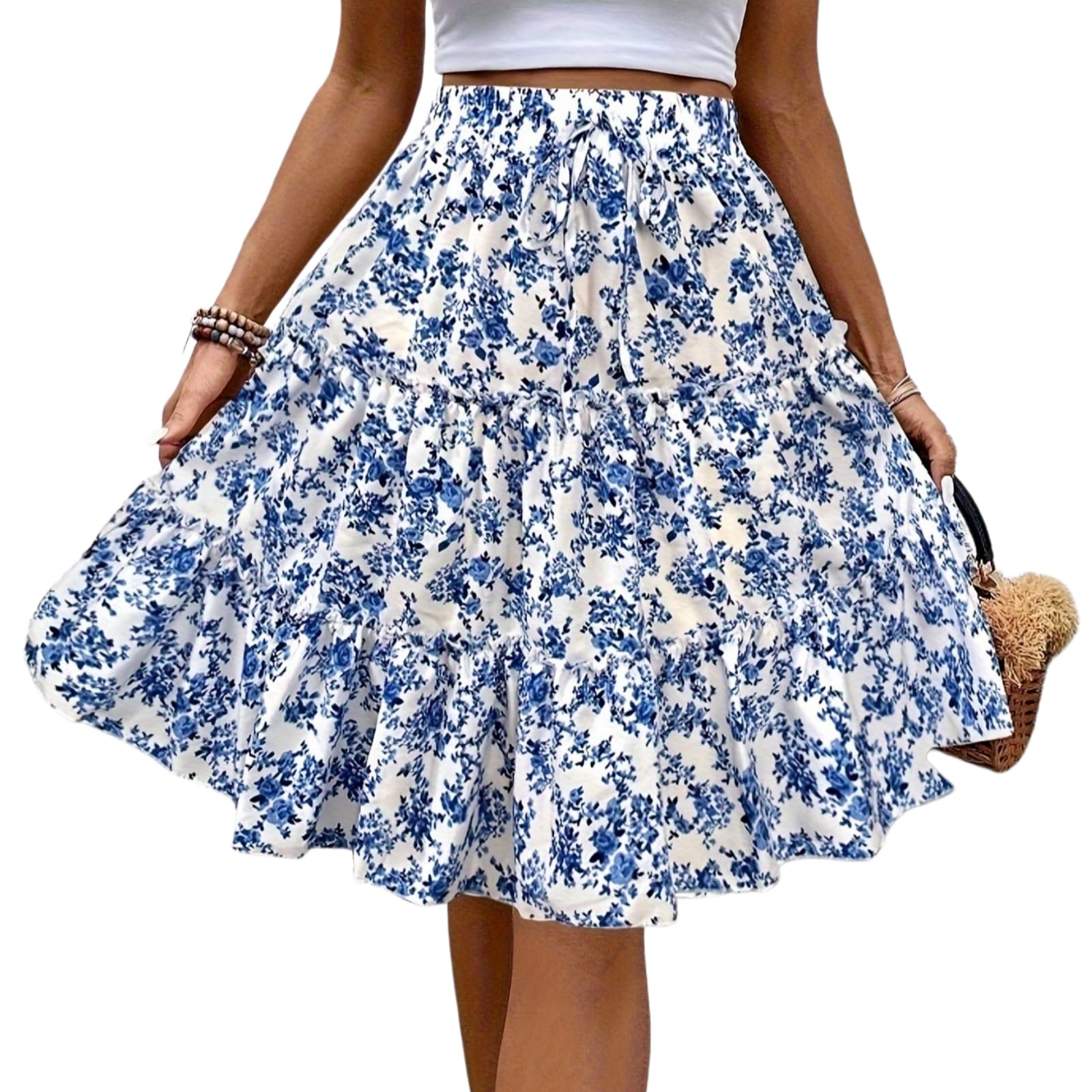 Jupe florale haute taille à fente latérale et volants légers