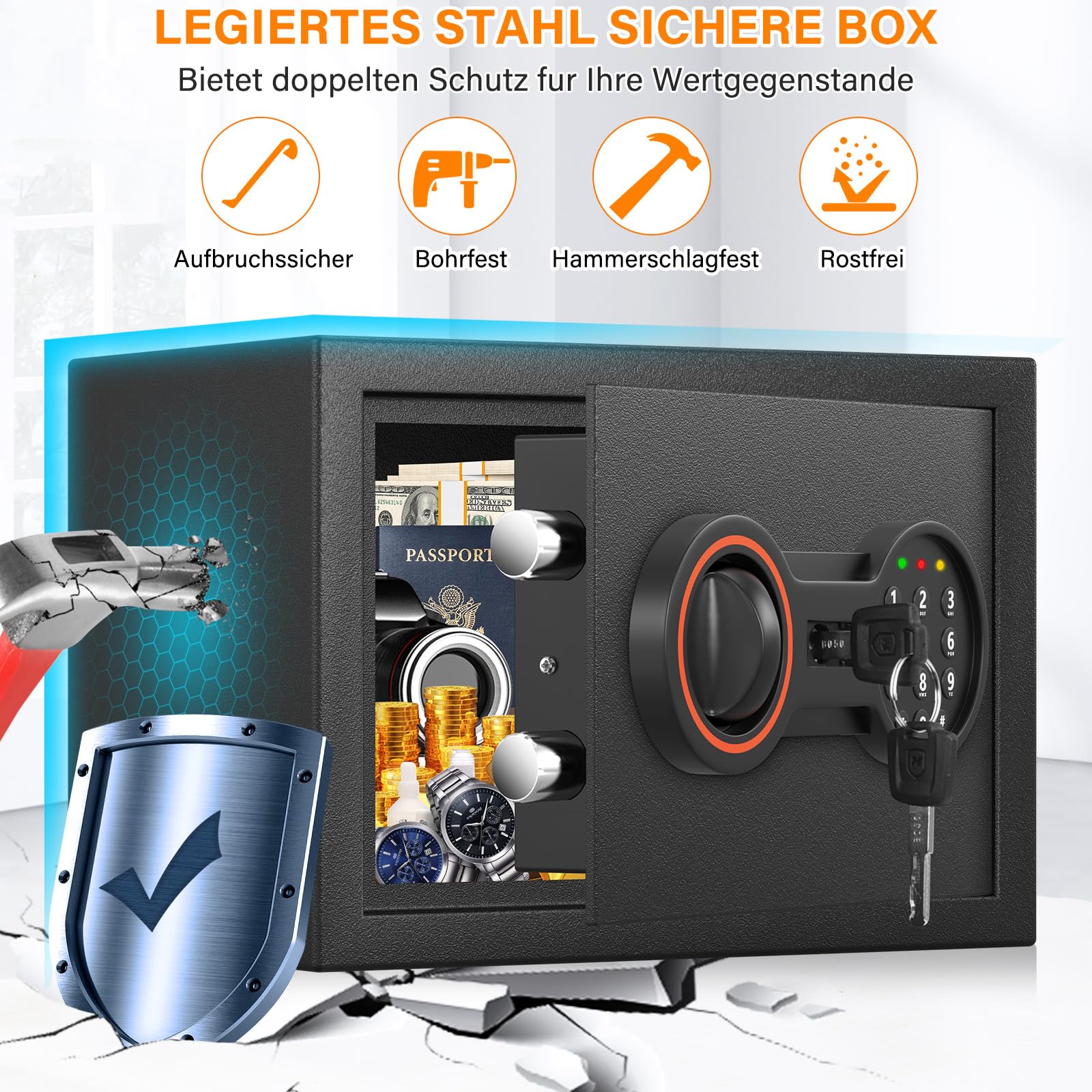 Caja fuerte de 15 litros para el hogar, pequeña caja fuerte para muebles, pequeña con resistente al fuego, impermeable, pequeña caja fuerte de seguridad con cerradura de combinación, caja fuerte de