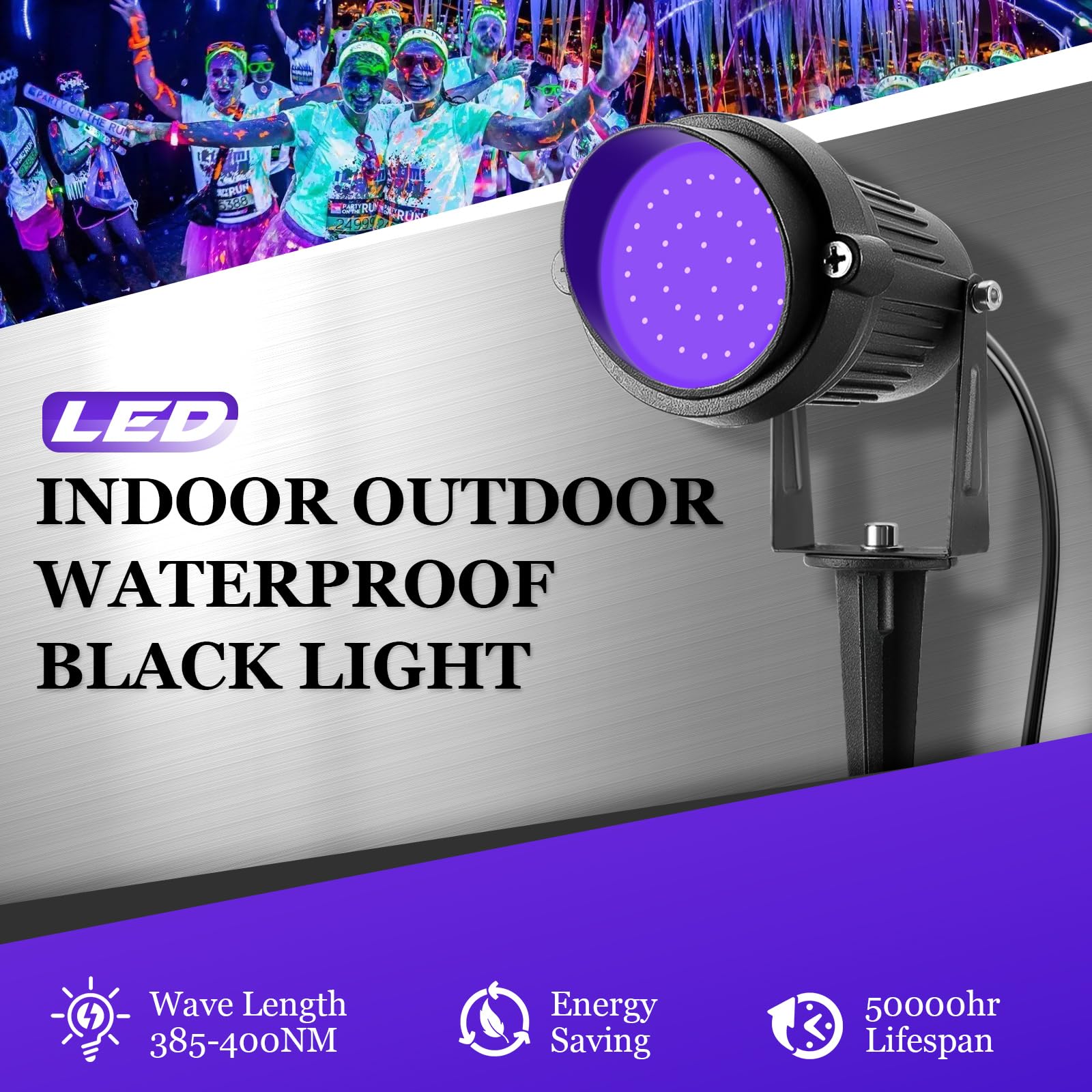 Fyielik LED Halloween Black Lights 15W Outdoor Blacklight Spotlights with US Plug IP66 Waterproof for Dance Party Glow in The Dark Stage Lighting Body Paint Fluorescent Poster Neon Glow(2Pack)