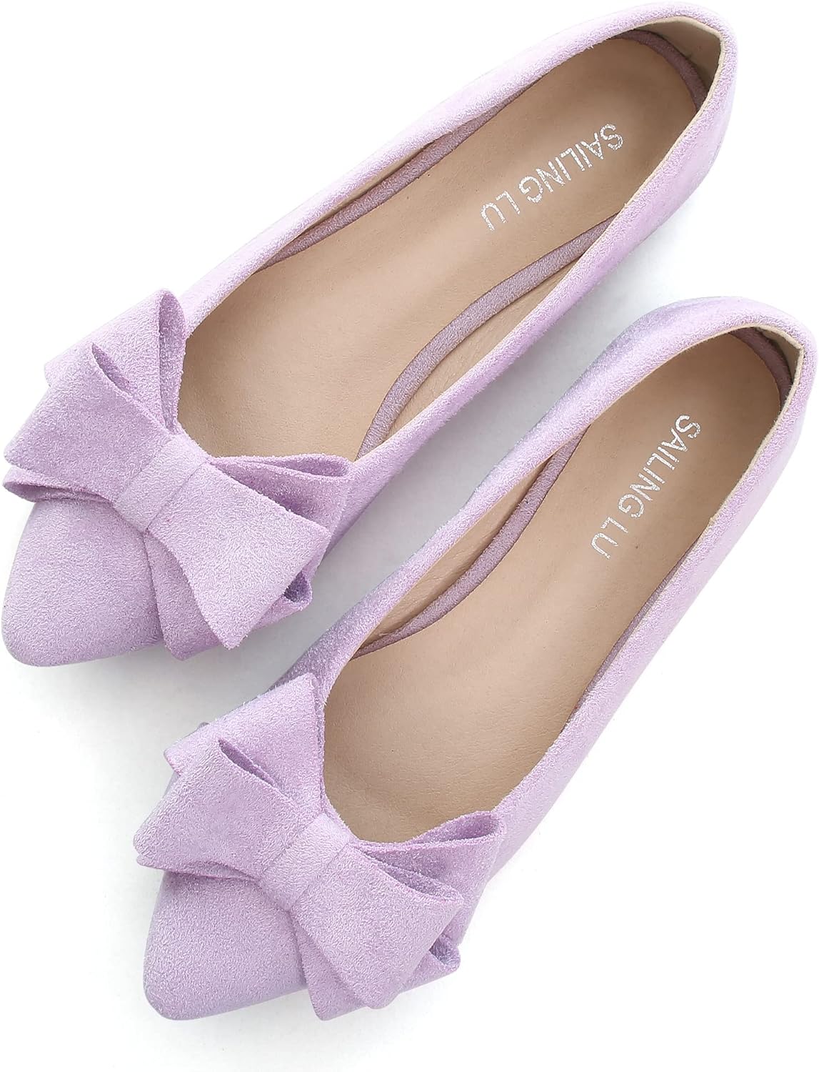 SAILING LU Womens Bowknot Ballet Flats Pointy Toe Casual Flat Shoes Suede Dressy Wear to Work Slip-Ons Moccasins