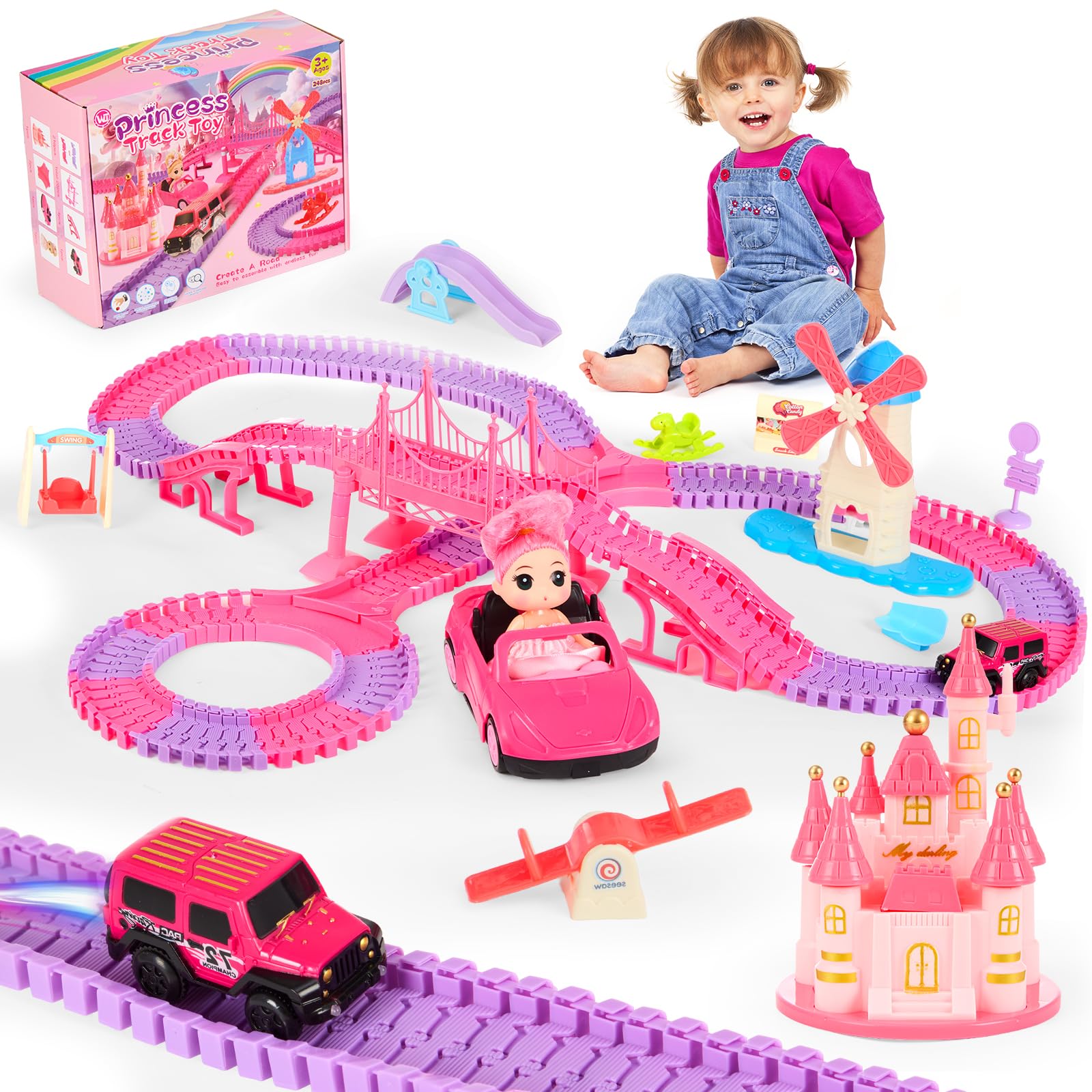 Minifactory Flexible Race Track Toy Set with Castle & Accessories, Electric Car & Doll Car, Buildable Kids Train & Vehicle Playset, Educational Construction Racing Track for Kids Ages 3–6 (Princess)
