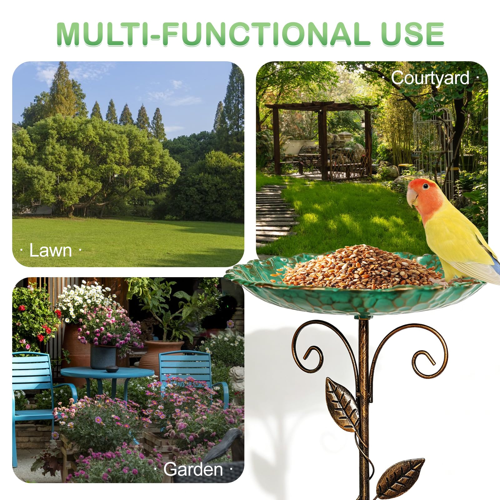 GOMETY Bebedero para pájaros de pie, para jardín, resistente al invierno, de metal, resistente a las heladas, para exteriores, 2 en 1, bebedero para pájaros y comedero para aves silvestres, 77 cm