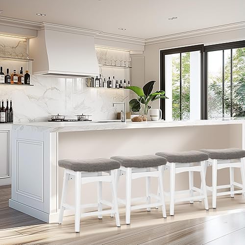 Miniatura 3 de MAISON ARTS Juego de 4 taburetes de bar blancos para encimera de cocina, patas de madera maciza con asiento de silla de montar de piel sintética,