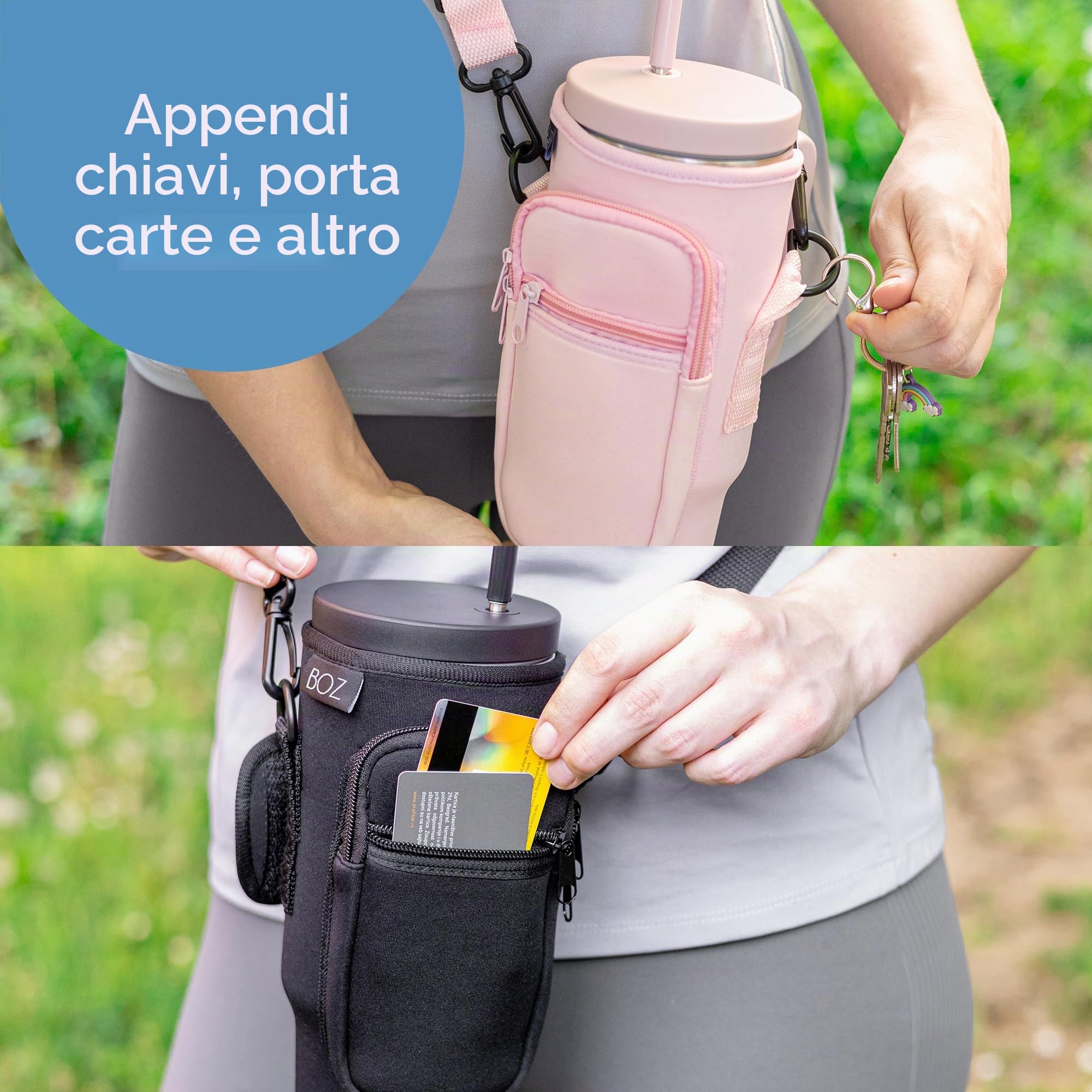BOZ Porta Borraccia Tracolla con Tasca per Cellulare - Porta Borraccia Termico in Neoprene da 1,2 L - Portabibite Termico con Tracolla Regolabile (Rosa)