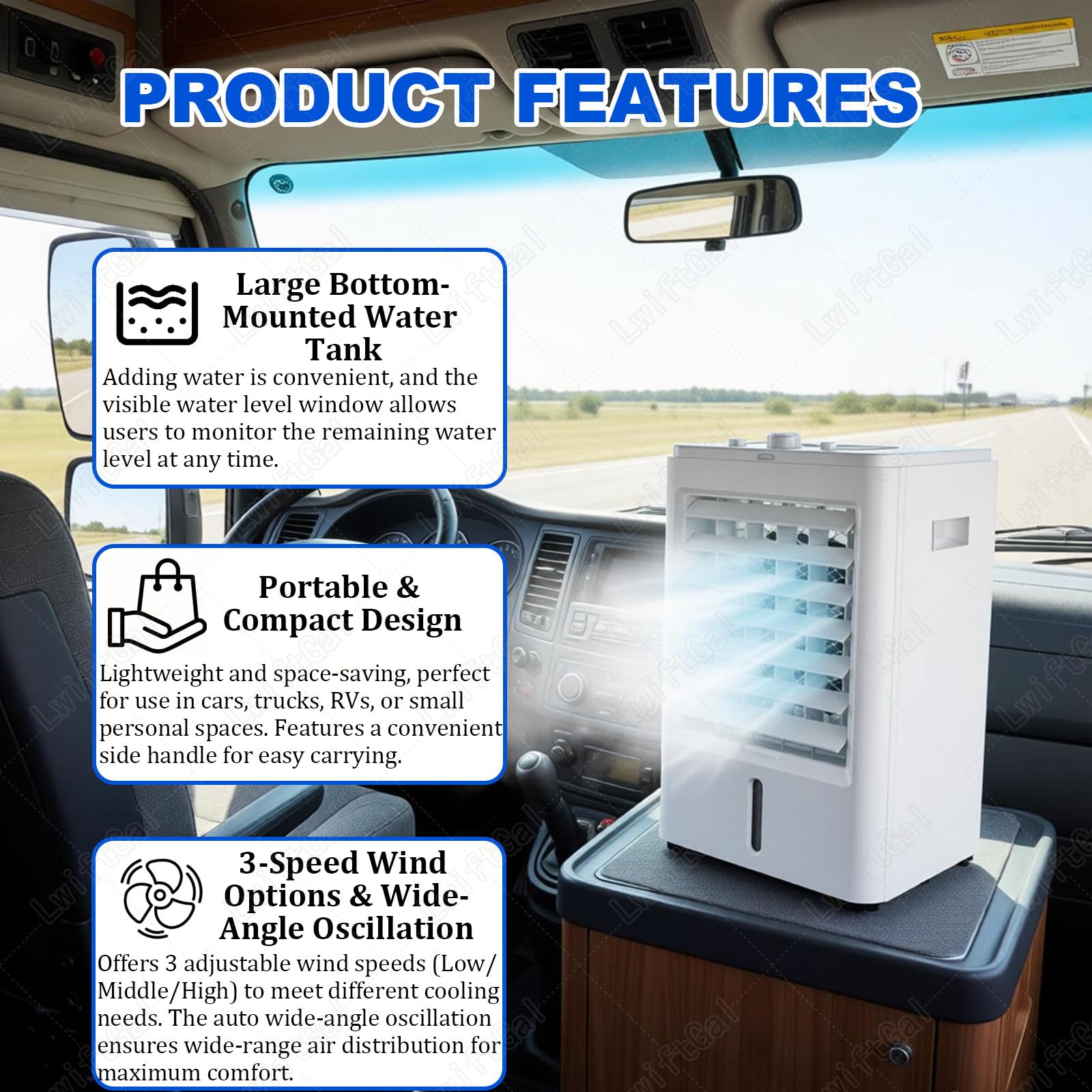 Condizionatore d'Aria Portatile 12v/24v, Raffreddamento Evaporativo A 3 velocità per Camper E Camion, Mini Condizionatore d'Aria per Roulotte 24V