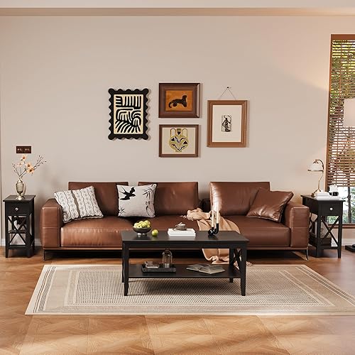 Miniatura 8 de ChooChoo Juego de 2 mesas auxiliares, mesa auxiliar estrecha abatible con cajón, mesita de noche pequeña para sala de estar, dormitorio y espacios