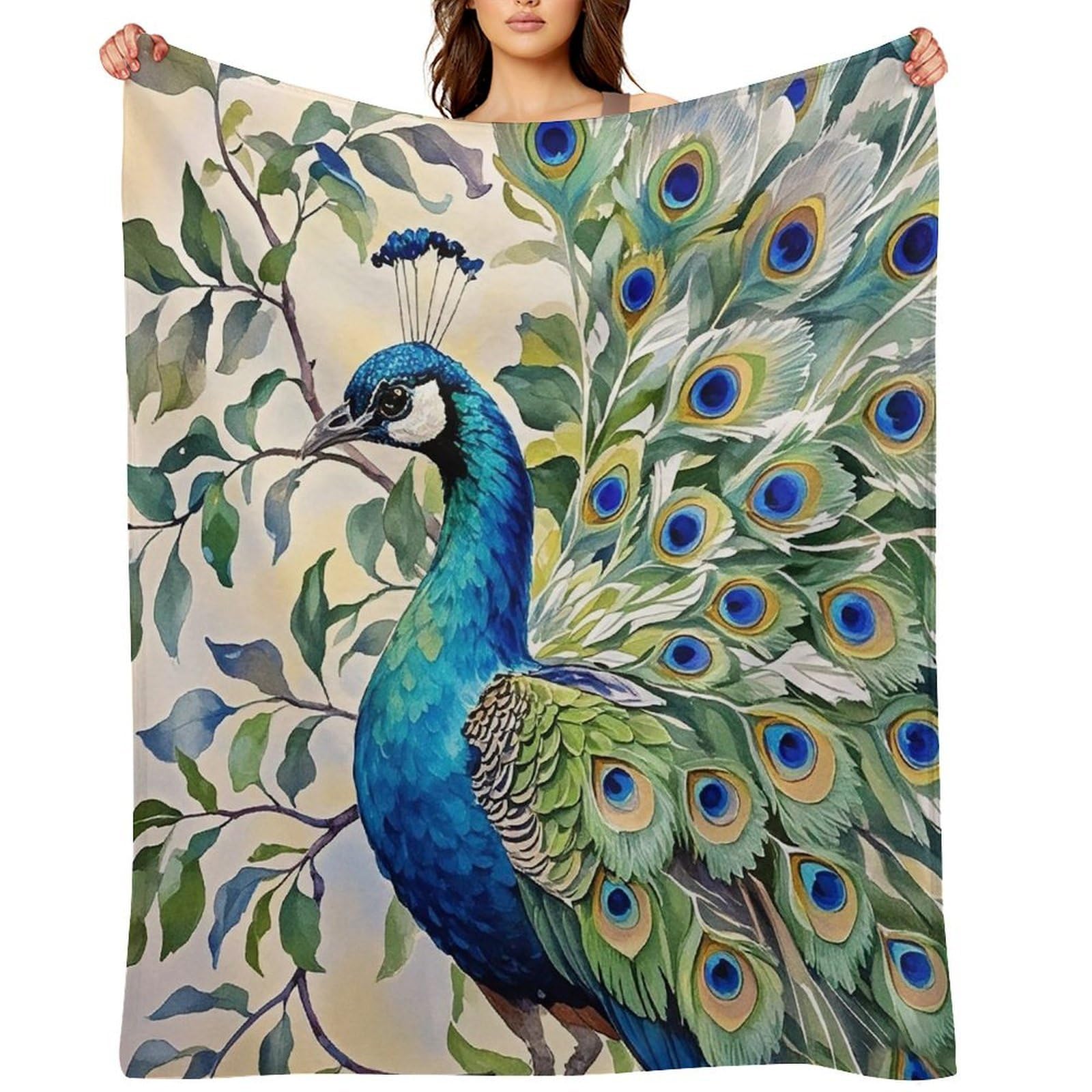 Flannel Peacock Watercolor Painting Throw Blanket for Couch Super Soft Fuzzy Cozy Flannel Blankets No Shed No Pilling FAnti-Static Winter Bed Blanket Decorative and Giftable Blankets