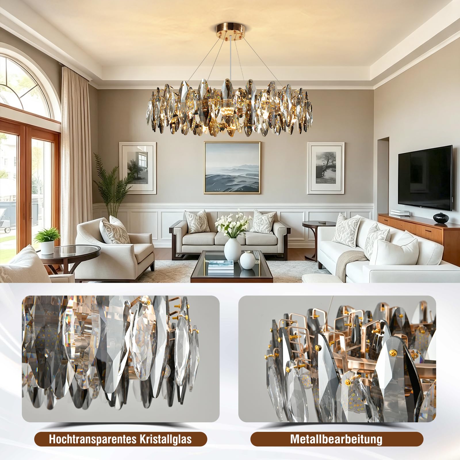 Moderna araña de cristal LED de lujo, Luz de lámpara techo salon cristal forma de huevo brillante de oro, 8xE14 Colgante Para Dormitorio, Salón, Comedor, Restaurante
