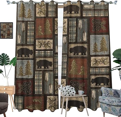 Miniatura 2 de Cortinas rústicas de oso de cabaña, estilo retro, estilo granja, caza, vida silvestre, oso negro, a cuadros, con aislamiento térmico, cortinas