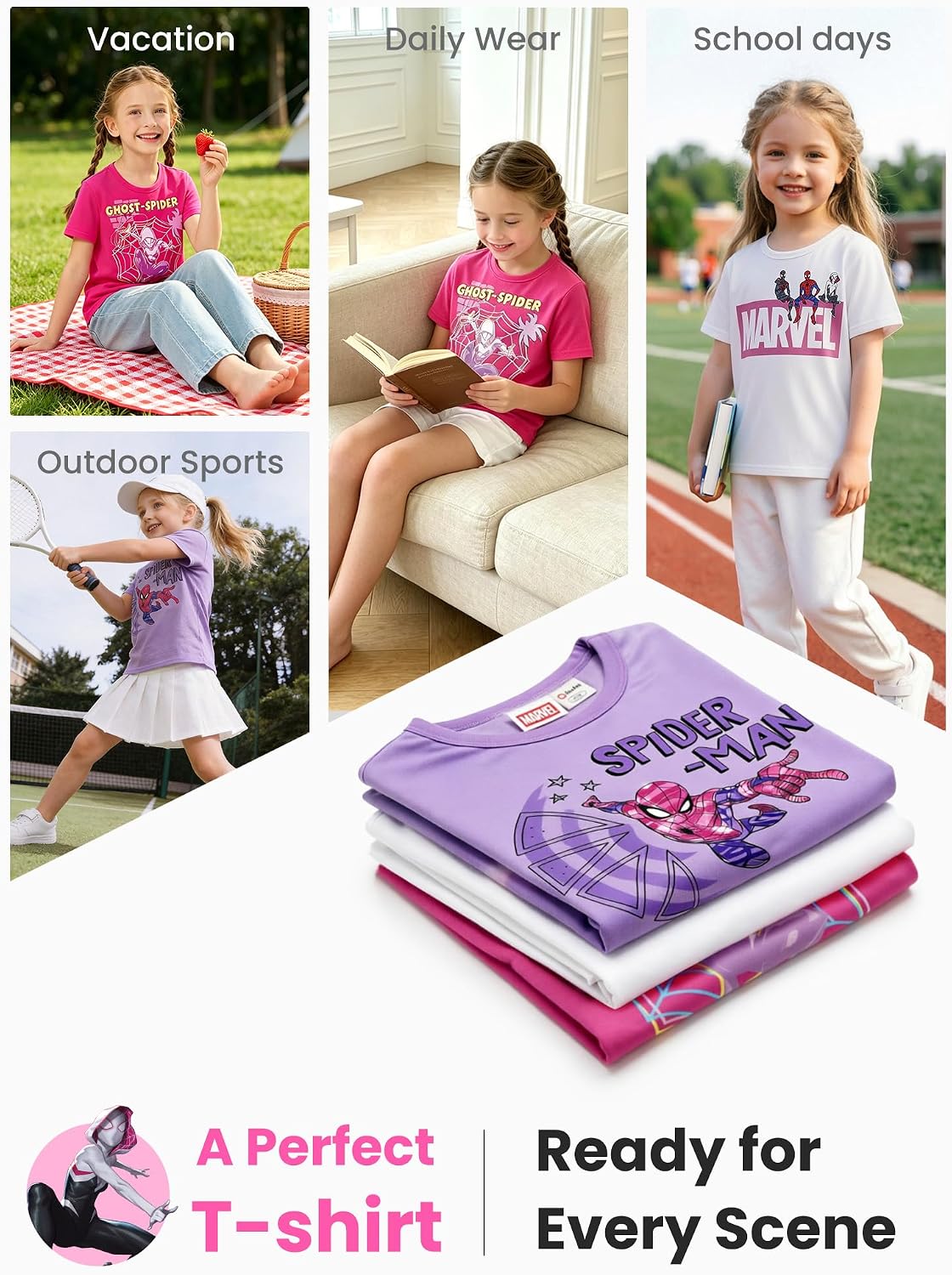 Disney Marvel Minnie Frozen Stitch Princess Girls Shirt 3-Pack Toddler Tee Short Sleeve Crewneck T Shirts Summer Clothes