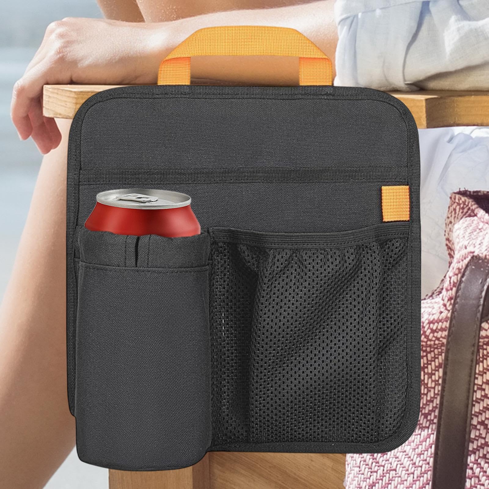 Portavasos para silla de playa, organizador lateral de silla, organizador multifuncional para exteriores, césped, patio, mochilero, teléfono, gafas de sol, aperitivo