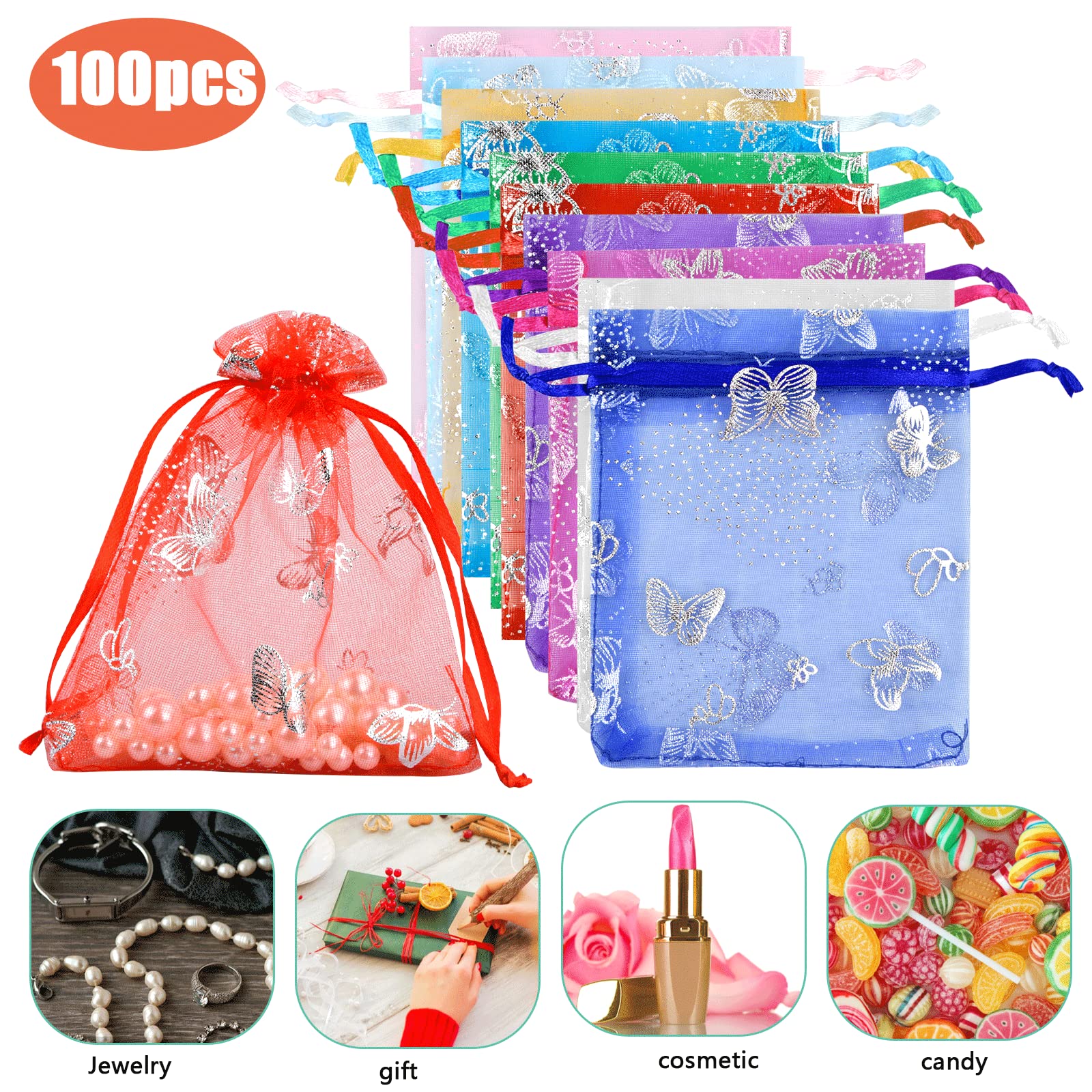 Sacs Bijoux Mariage Sachets Organza Quelcc - Lot De 100 - 10x15 Cm - Blanc - Cordon Serrage - Mariage Bijoux Sacs Cadeaux Transparents