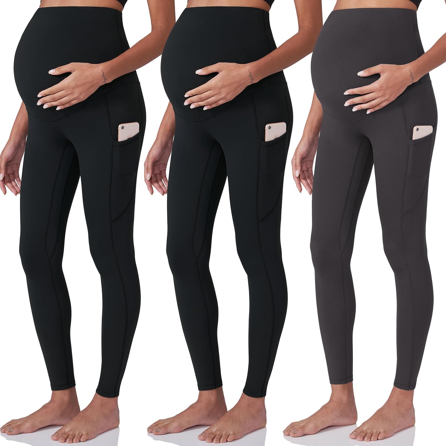 POSHDIVAH 3 Pack Women's Maternity Workout Leggings Over The Belly Pregnancy Yoga Pants with Pockets
