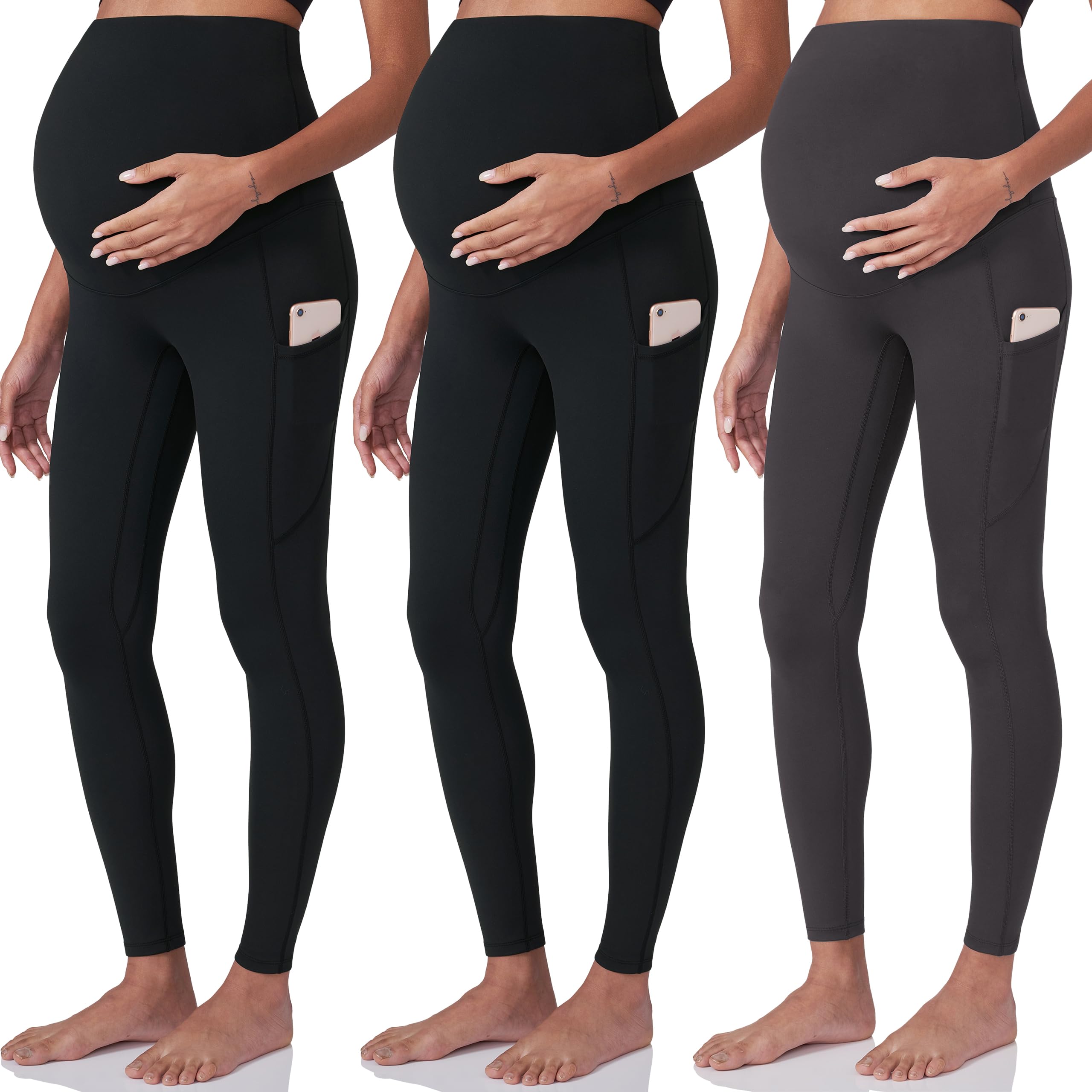 POSHDIVAH 3er-Pack Damen-Schwangerschafts-Workout-Leggings über dem Bauch, Schwangerschafts-Yogahose mit Taschen
