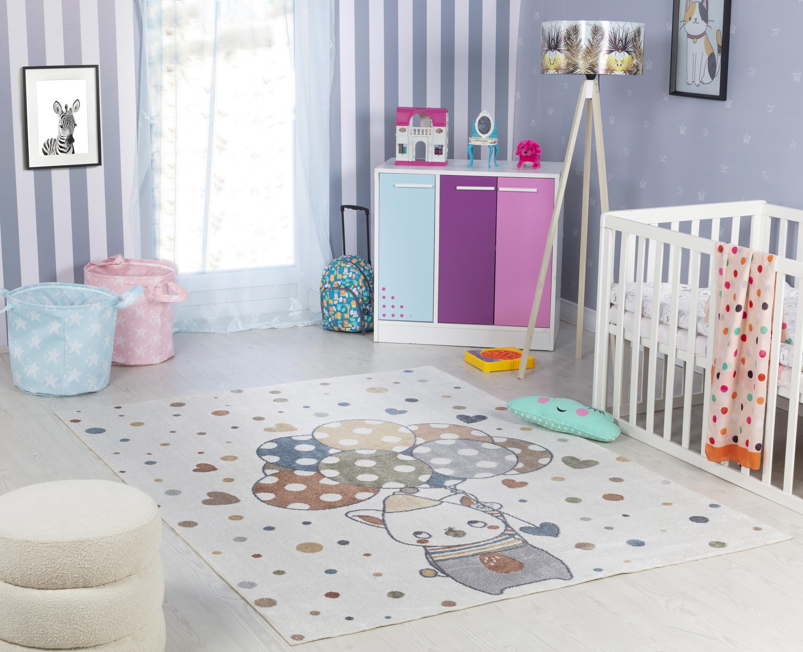 BALLON BUDDY Kids Machine Washable Area Rug - 100% Polyester - 80 x 150 cm - Beige, Burnt Orange, Blue, Wheat, Light Grey, Olive