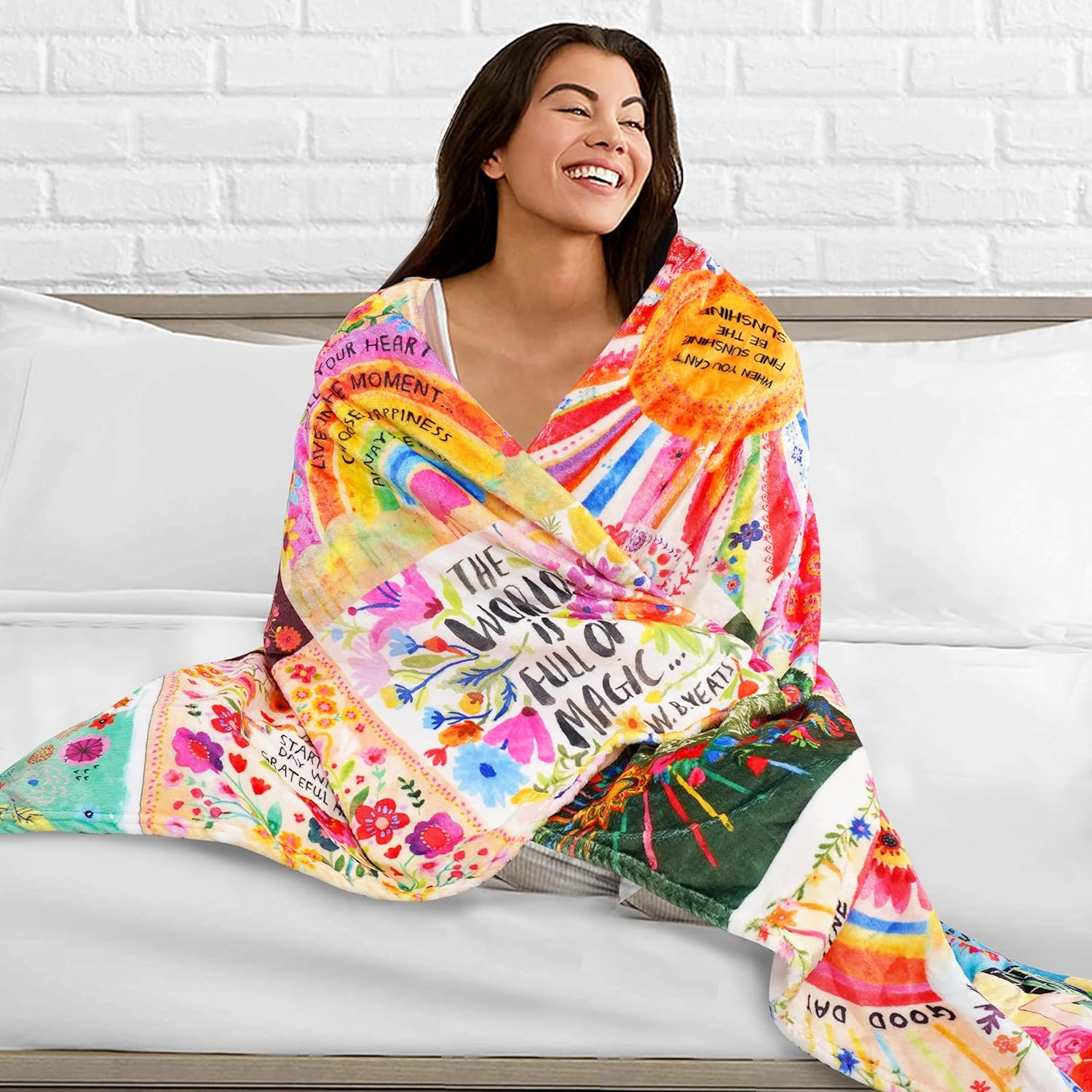 Boho Floral Throw Blanket Natural Life Patchwork Blankets, Natural Life Gifts for Women with Inspirational Thoughts, Soft Warm and Cozy Flannel for Sofa Bed Couch Travel 50"x60" - Image 3