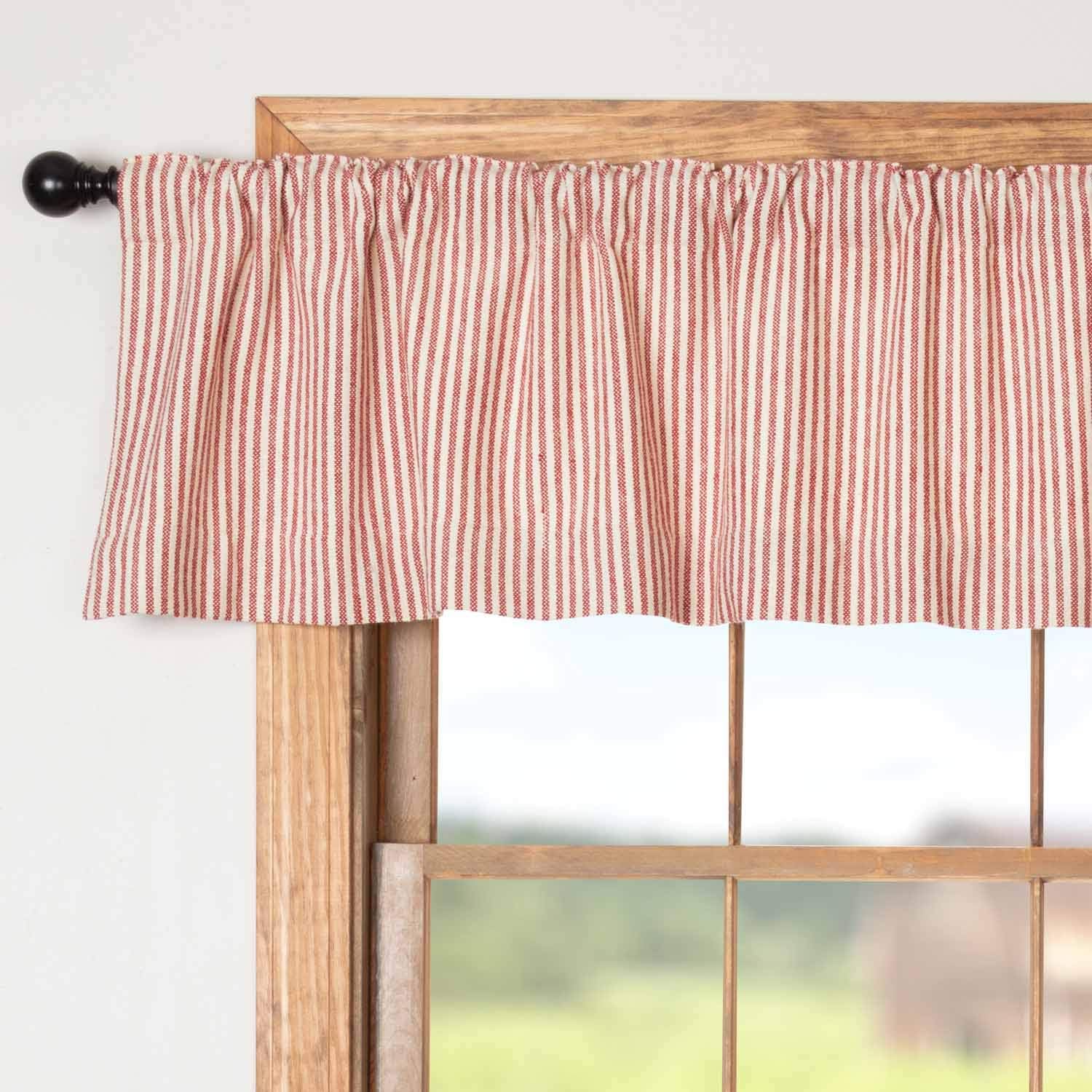 Homespun Red Ticking Valance Curtain, 16" x 72", Primitive, Country