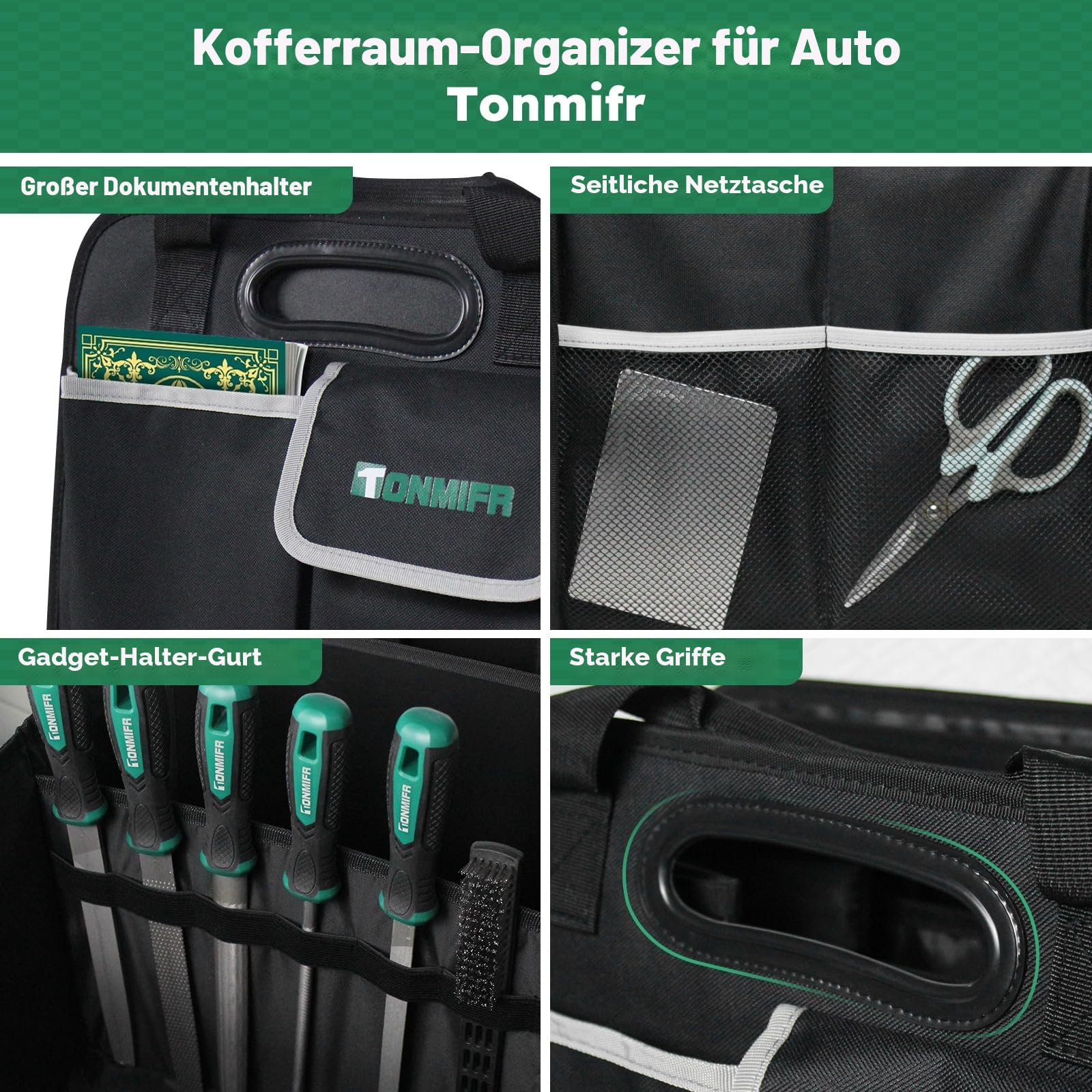 Robuster Kofferraum-Organizer mit großer Kapazität, Multifach-Aufbewahrungsbox für SUV, Kombi & Kleinwagen, faltbar aus 600D Oxford mit 2 Sicherungshaken & reflektierenden Streifen, 92 Liter