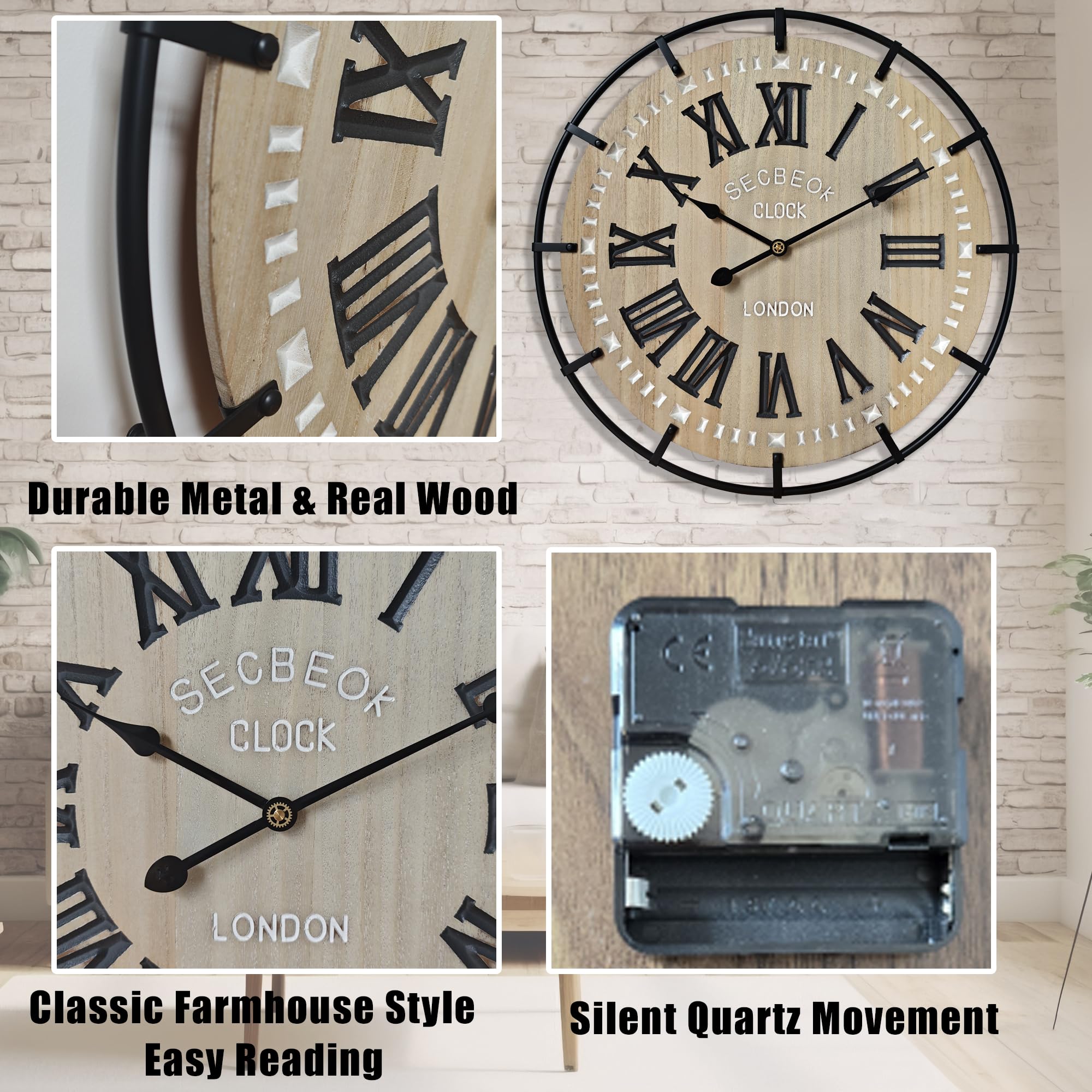 Reloj de pared grande de 24 pulgadas, madera rústica de metal con movimiento de cuarzo silencioso, números romanos fáciles de leer, reloj de pared redondo decorativo alimentado por pilas para