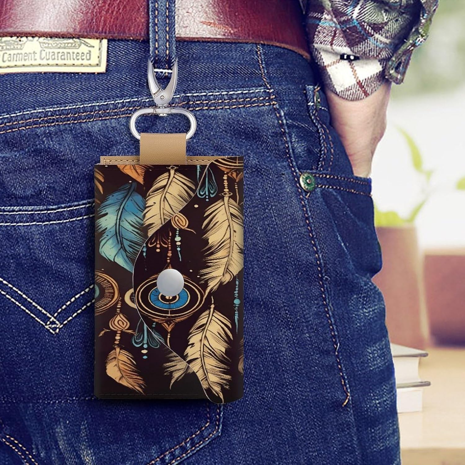 Vintage Ethnic Tribal Feather Key Case Leather Car Key Chain Card Holder Wallet Pouch Keys Money Organizer Case Snap Closure image 5