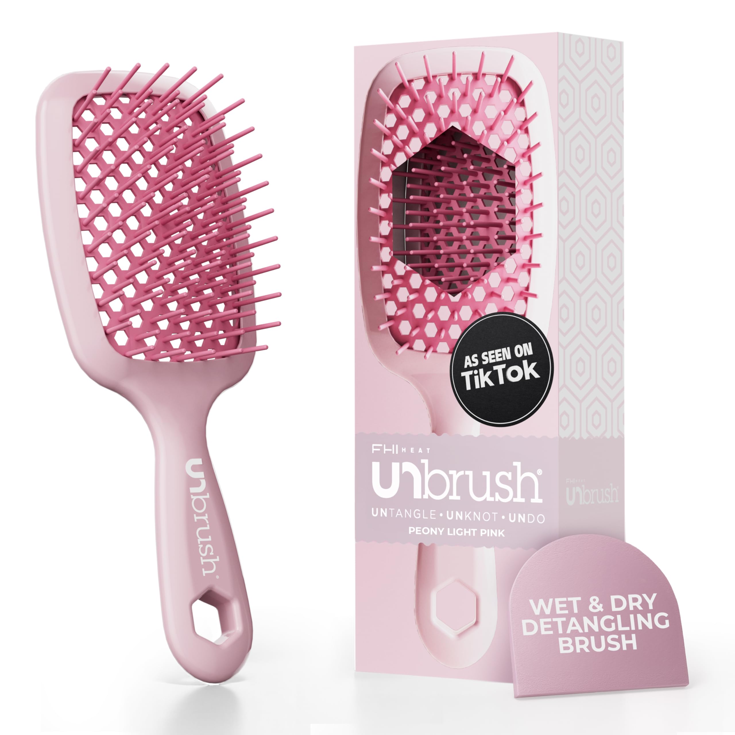 FHI Heat UNbrush Detangling Brush for Pain-Free Brushing on All Wet or Dry Hair Types — Durable DuoFlex Anti-Static Bristles, Lightweight Handle, Vented Hair Brush, Peony Light Pink