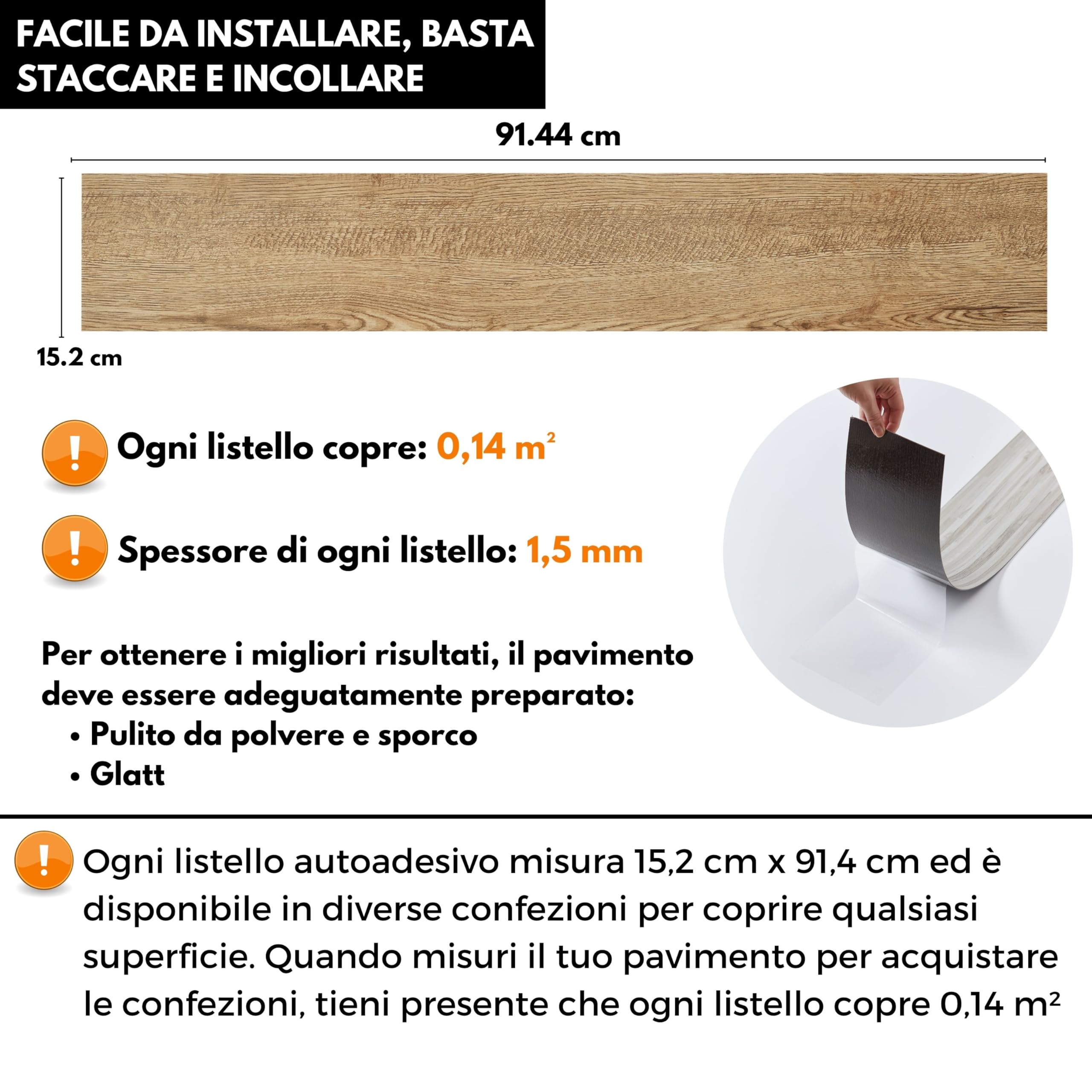 Pavimento PVC Adesivo – Confezione da 10 Doghe, Copertura 1,39 m², Impermeabile Piastrelle Adesive Pavimento Ogni Doga 91,4 x 15,2 cm – Marrone Effetto Legno Rovere Miele per la Casa, Ufficio