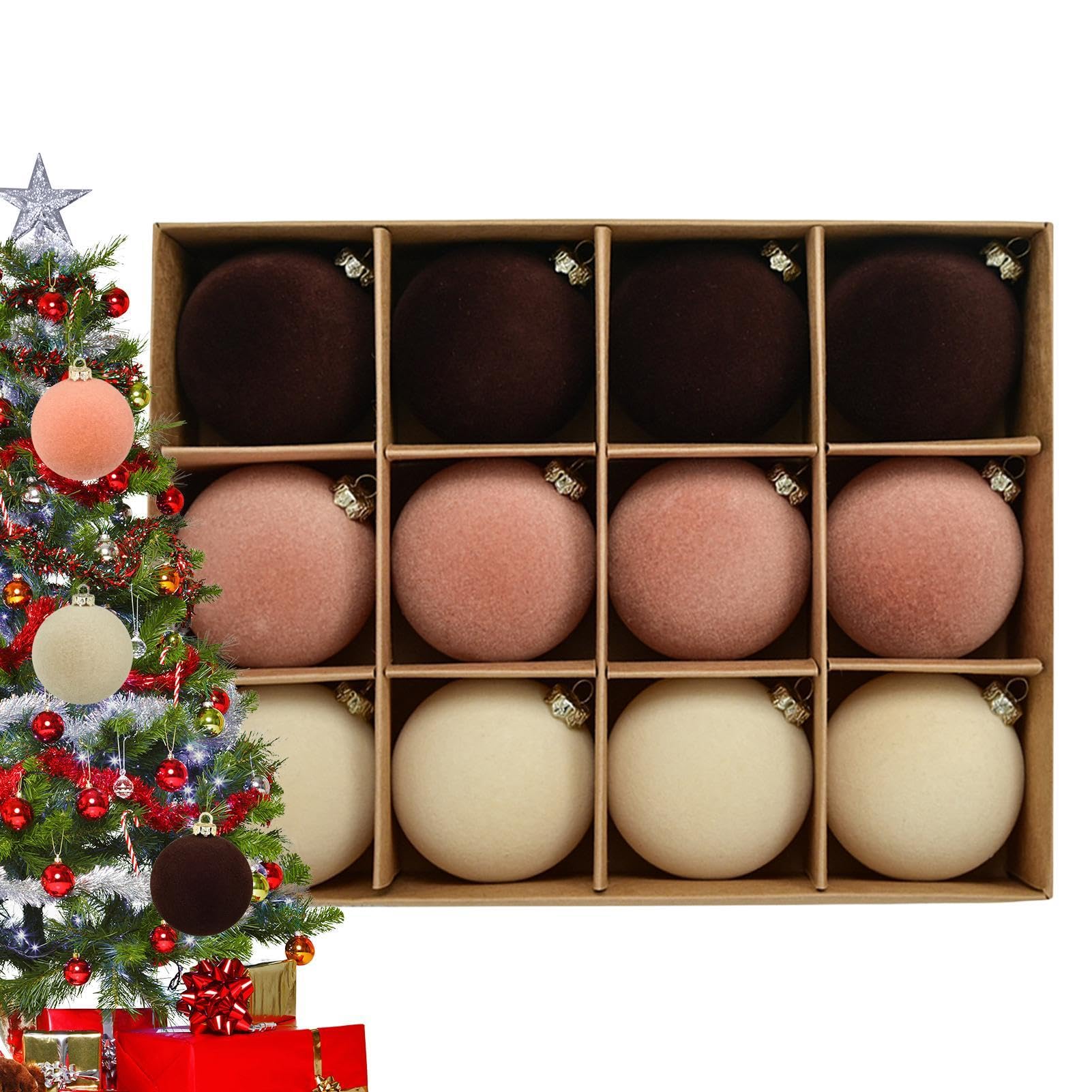 Lot De 28 Boules De Noël En Velours Floqué Incassables - Couleurs Rouge Vin, Beige, Marron, Vert - 7