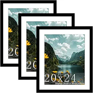 Picrit 20x24 Picture Frame 3 Pack, Black Poster Frame, Display Poster 16 x 20 with Mat or 20 x 24 without Mat for Horizontal or Vertical Wall Mounting