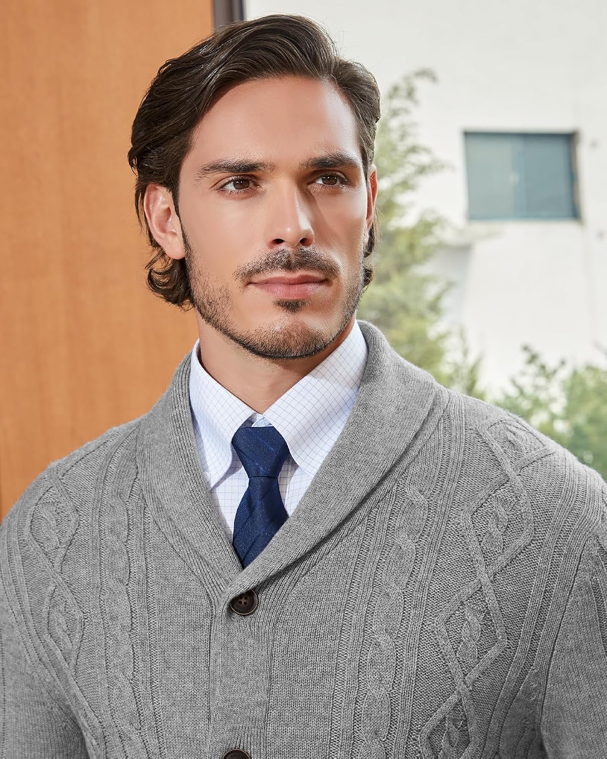 Kallspin Men's Wool Blend Cardigan Sweater Cable Knit Shawl Collar Cardigan Button Up Classic Knitwear
