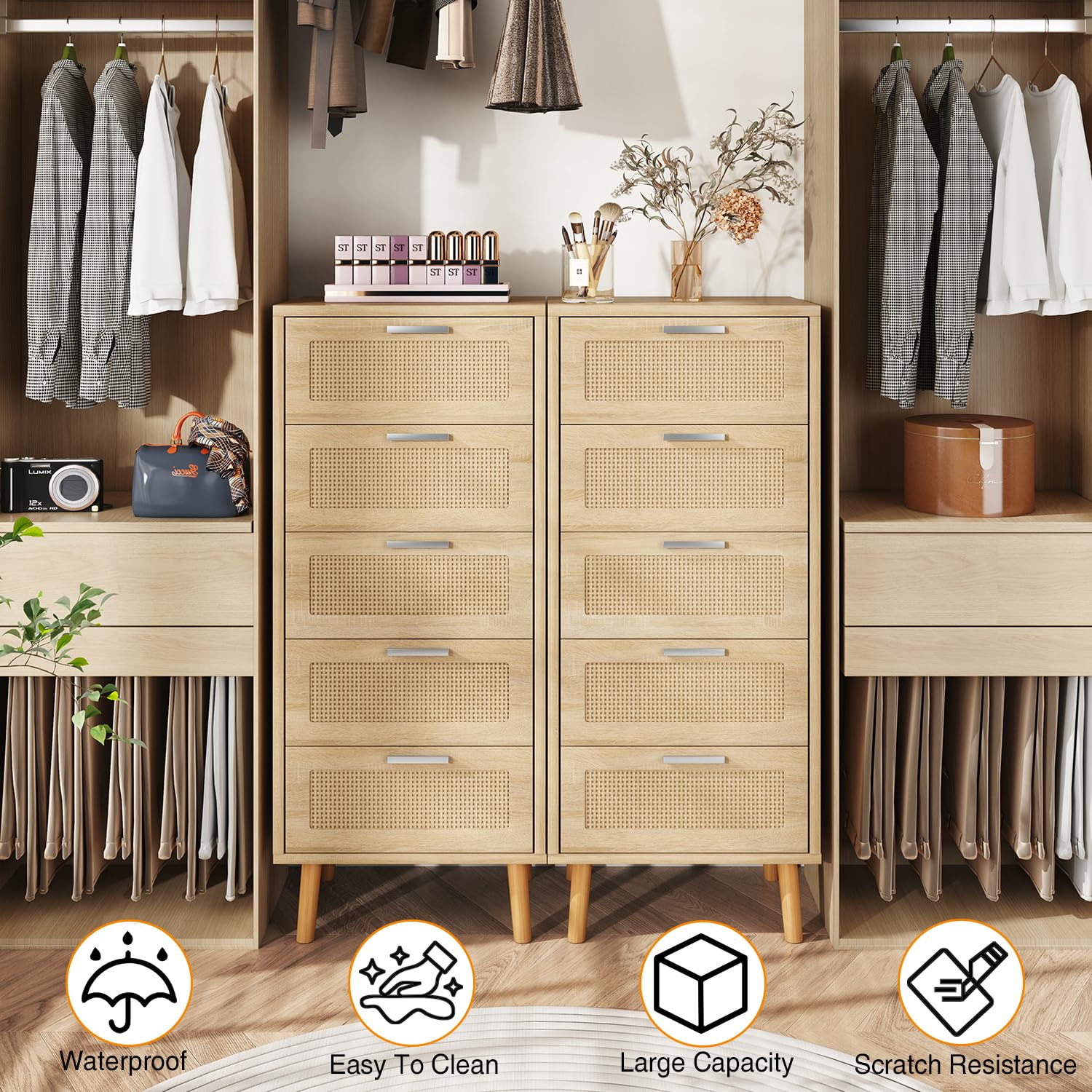 IBUYKE Rotin Commode avec 5 Tiroirs,Pieds en Bois,Natur WST010N | Meuble de Rangement, Décorations en Rotin,40 x 34 x 108 CM,pour Coucher, Salon, Entrée,Chambre d'enfant