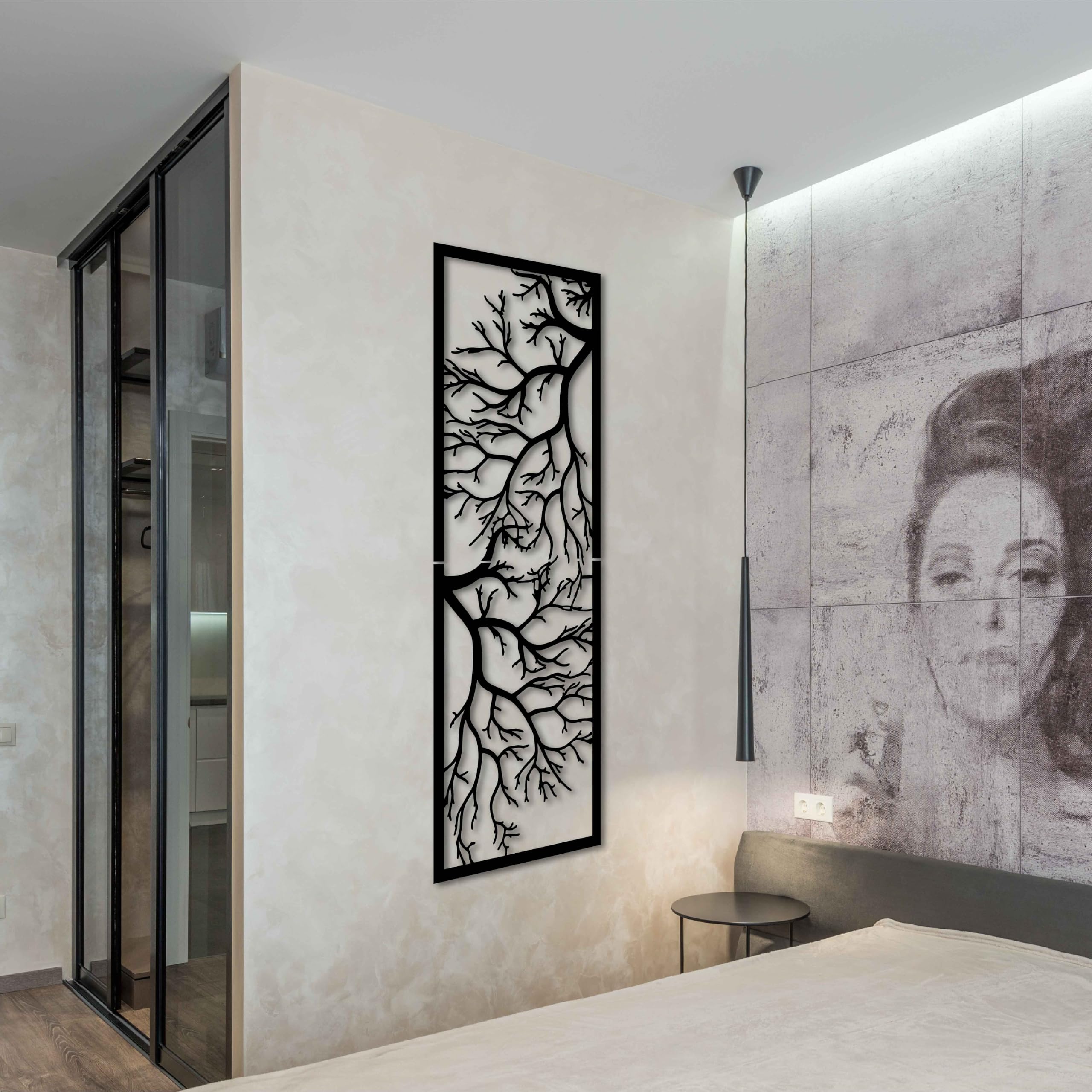KAWA METALWORKS Arte de Pared Vertical de Árbol para Interior y Exterior, Gran Decoración de Pared de Metal para Sala de Estar