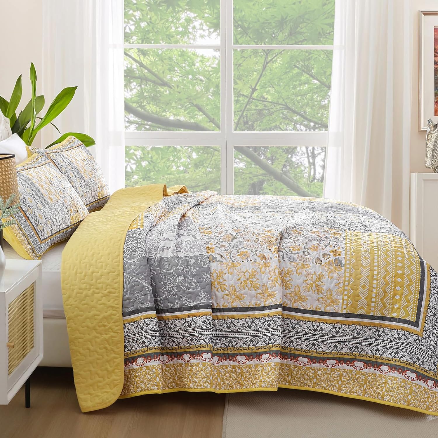 WONGS BEDDING Yellow Quilt Set Queen,Bohemian Patchwork Bedspread Coverlet Set, Reversible Boho Floral Pattern Bedspreads Bedding Quilt Set for All Seasons (96"x90") - Image 3