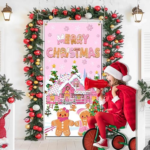 Miniatura 8 de Decoración de fondo de Navidad de pan de jengibre, suministros de Navidad rosados, fondo de casa de jengibre, decoración de decoración para Navidad,