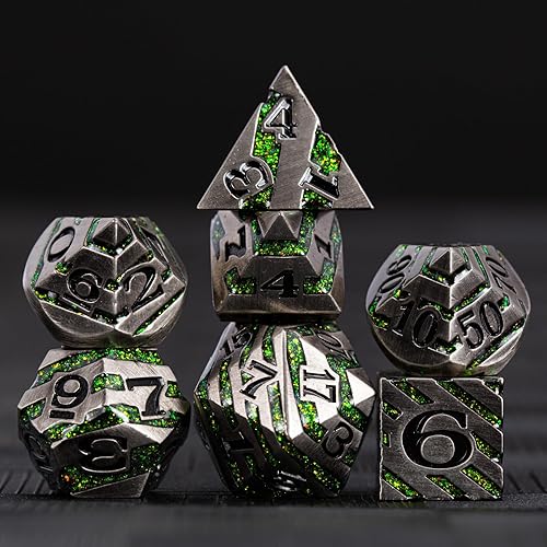 Maywin Juego de dados de metal a rayas D&D, 7 dados de metal sólido con purpurina con caja de regalo, juego de dados poliédricos RPG para juego de