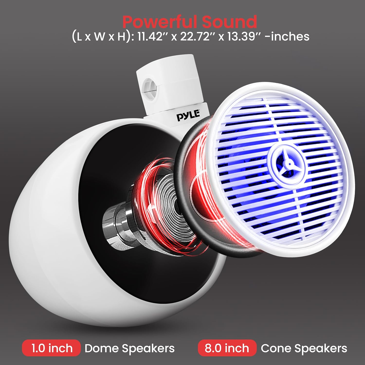 Pyle 8" Marine Wakeboard Bluetooth Speaker – Water Resistant Dual Mini Box with LED Lights, 8” Long-Excursion Woofer, Titanium Dome Tweeter, Heavy Duty ABS, Corrosion-Resistant, Boat & Wakeboard Ready