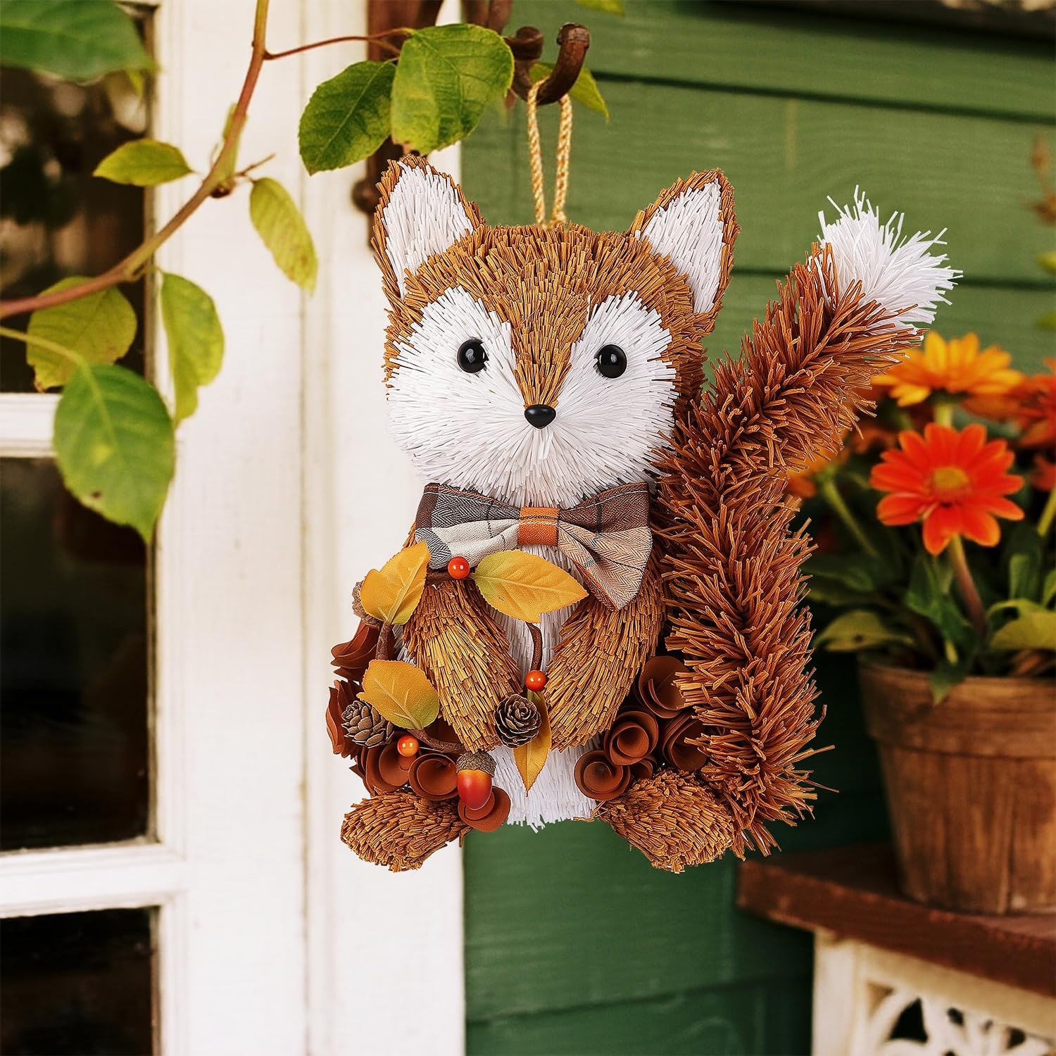 Glintoper Fall Wreath for Front Door, 13.4" Thanksgiving Straw Fox Figurine with Woodchip Pinecone, Hanging Harvest Autumn Gifts, Tabletop Centerpieces, Woodland Animal Home Kitchen Office Decor