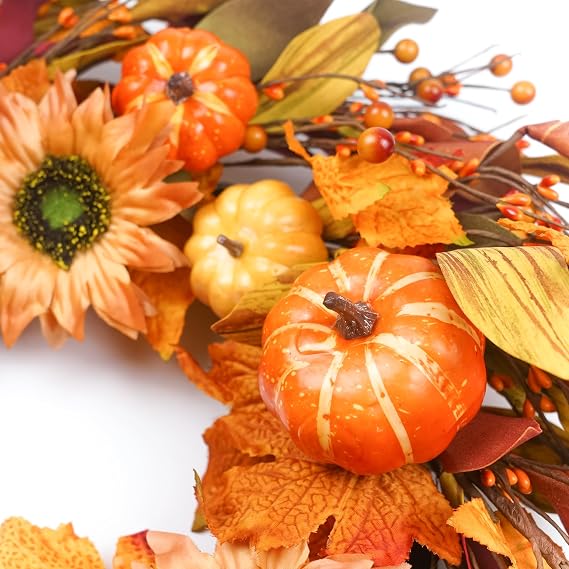 Fall Wreaths for Front Door 22 Inch, Autumn Wreath with Berry Pumpkin, Maple Leaves, Thanksgiving Harvest Festival Decorations Indoor and Outdoor