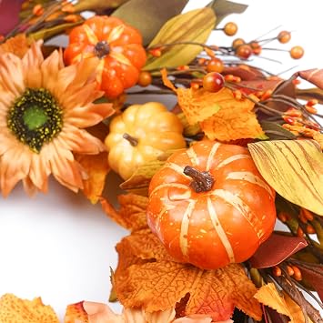 Fall Wreaths for Front Door 22 Inch, Autumn Wreath with Berry Pumpkin, Maple Leaves, Thanksgiving Harvest Festival Decorations Indoor and Outdoor