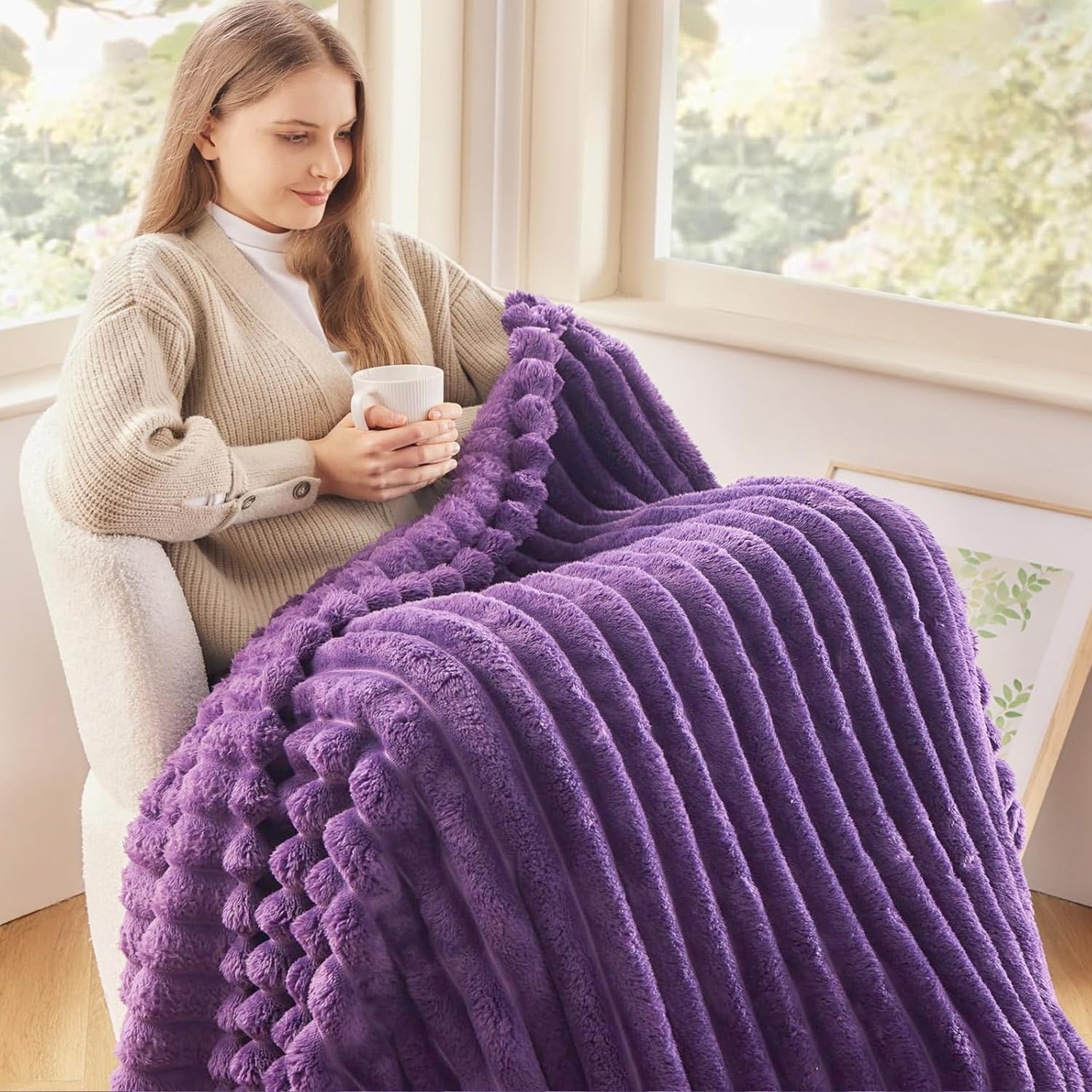 Wajade Fluffy Flannel Blanket Faux Fur Bed Throw Super Soft Warm Large Blanket for Bed Sofa Car Violet 153x203CM - Image 3