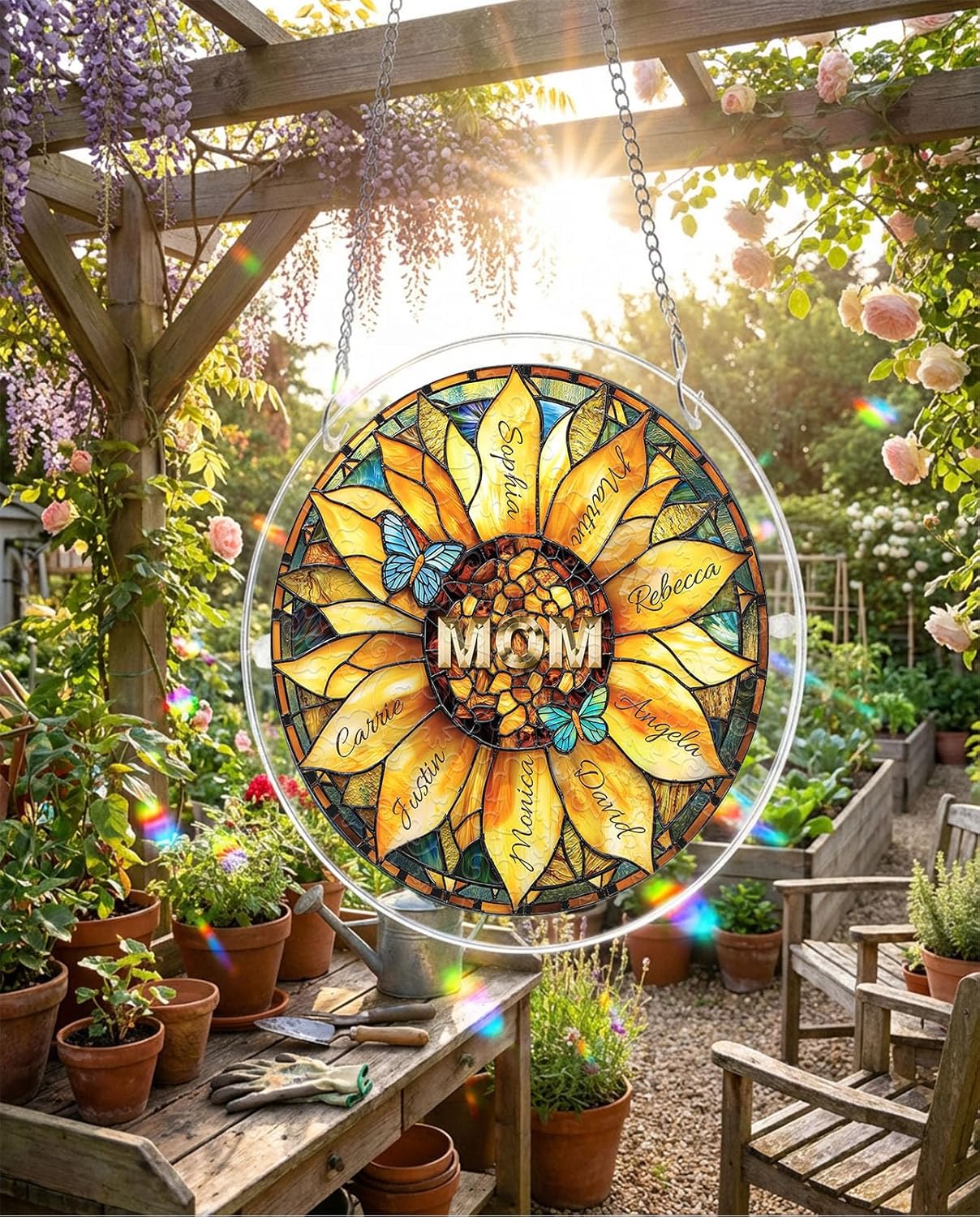 Personalized Mothers Day Acrylic Suncatcher with Kids Names, Custom Suncatcher Ornament for Doors Garden and Window Hanging, Birthday Mom Grandma Gifts, Colorful Spiritual Gifts for Mom Grandma