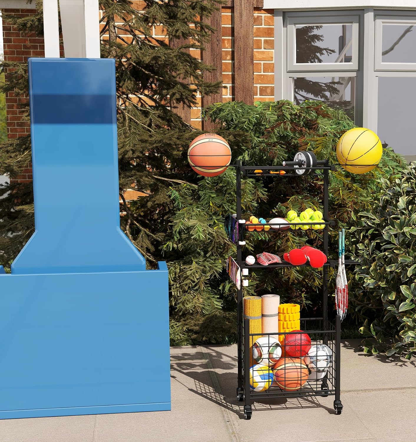 Sports Equipment Garage Organizer with Baseball Bat Holder and Hooks,Garage Ball Storage for Sports Gear and Toys, Rolling Ball Cart with Wheels for Indoor/Outdoor Use