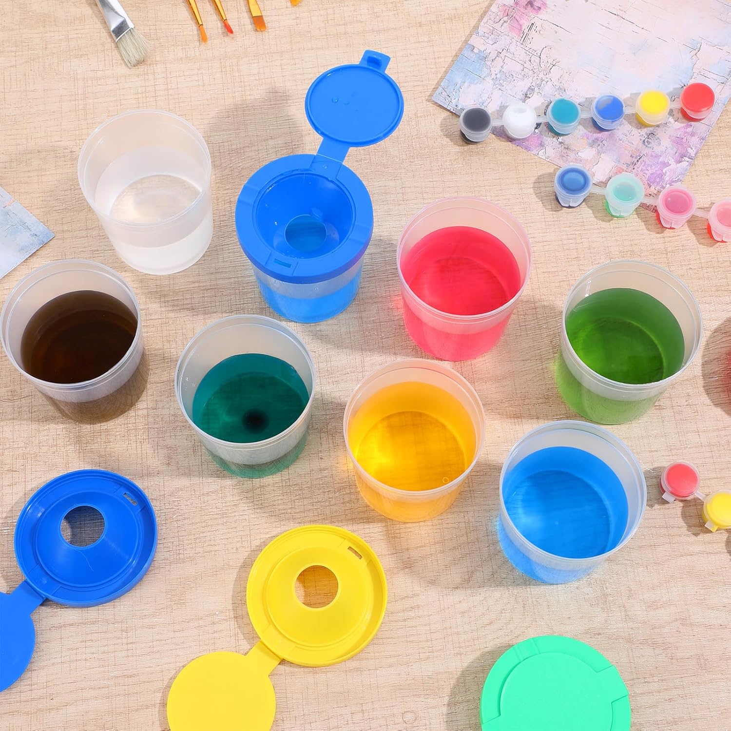 36 Pcs 6 oz No Spill Paint Cups with Flip Open Lids, Assorted Color Paint Pots for Kids Art Supply, Classroom Craft Painting, Red Yellow Blue Green