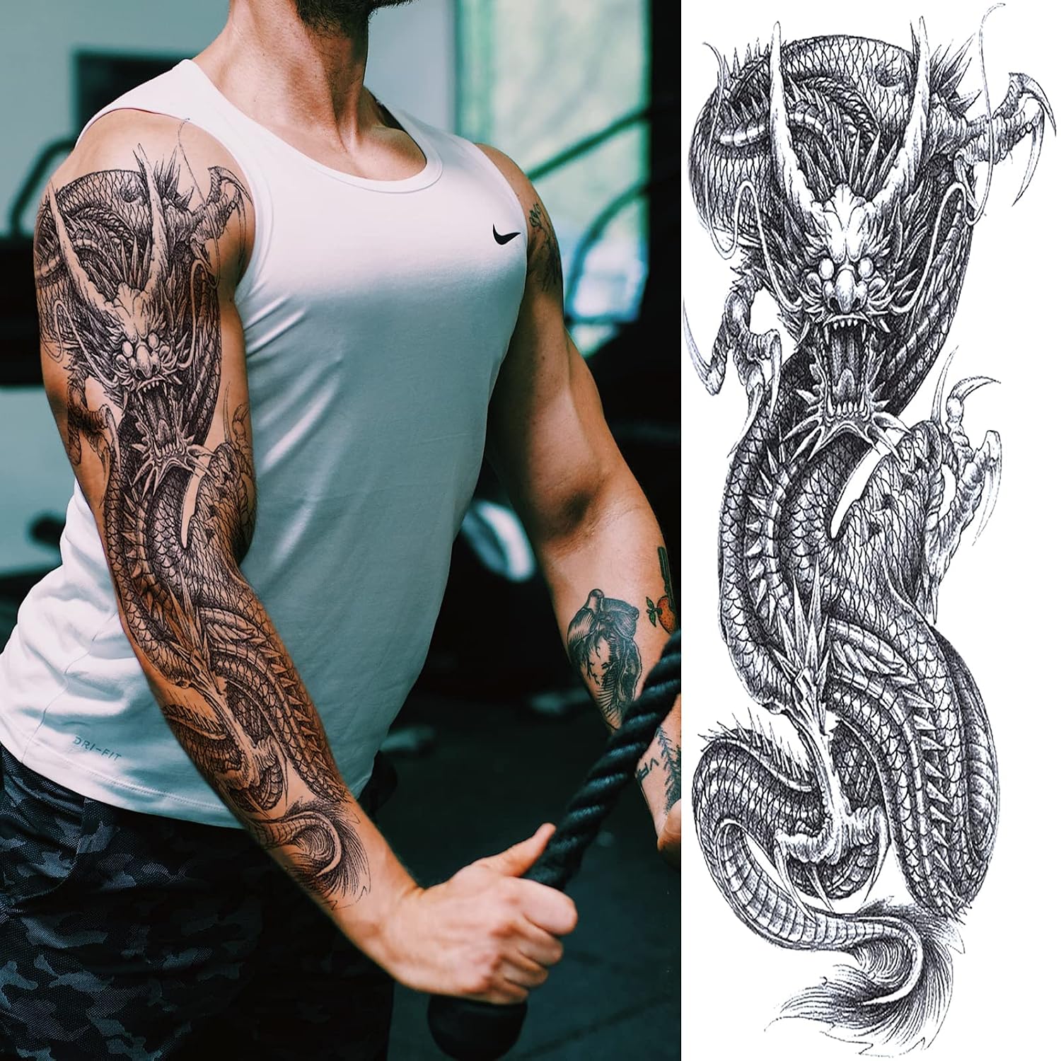 Realistic Dragon Tribal Temporary Tattoo Sleeves for Men 4-Sheet image 2
