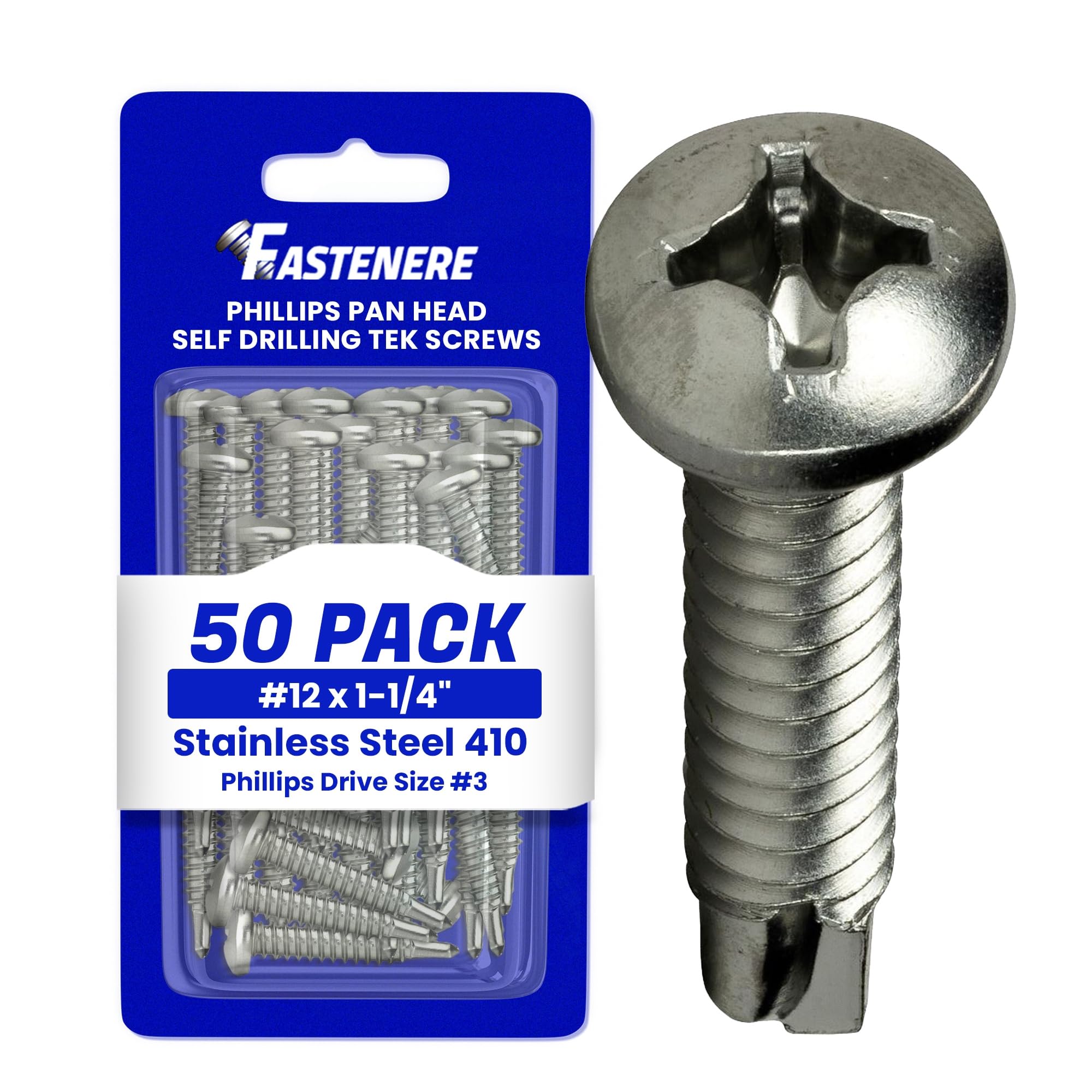 Fastenere Pan Head Self Drilling Tek Screws -#12 x 1-1/4" (50 Pack) Stainless Steel 410,Full Thread, Bright Plain Finish, Corrosion-Resistant,