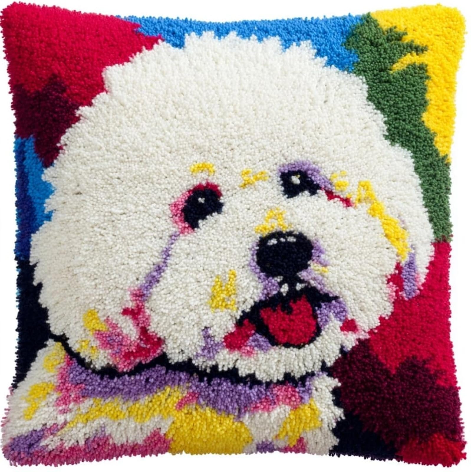 AxiangziK Pre-Printed Latch Hook Cushion Kits,Bichon Frise Animal Dog 43x43cm Latch Hook Kits for Adults Beginners Handmade Cushion Sofa Bedroom Decor Craft Gifts