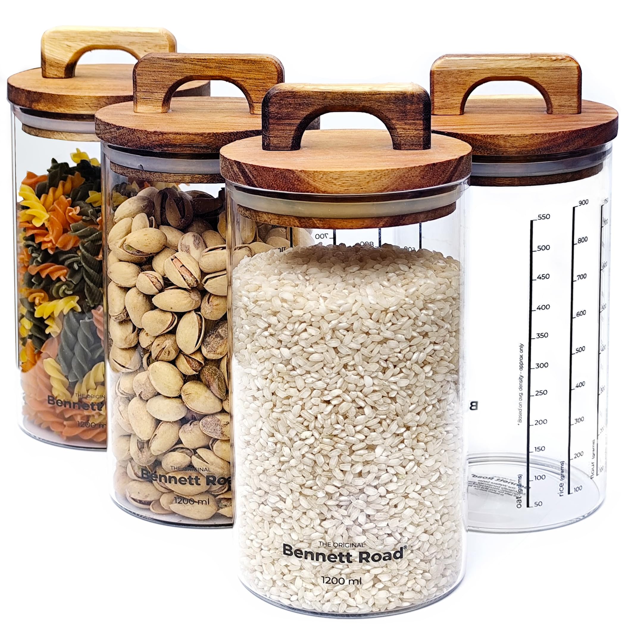 Glass Storage Containers, 4-Pack, 1.2L | Avec couvercles en bois d’acacia, idéales pour céréales, farine, riz, café et fruits secs, tout en gardant la fraîcheur